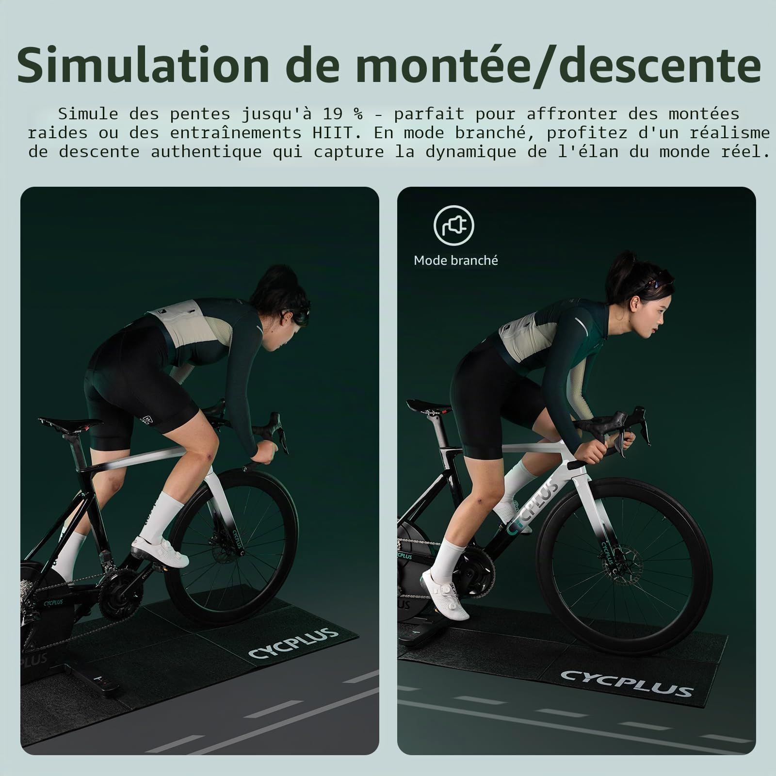 CYCPLUS R200 Entraîneur de vélo d'intérieur intelligent, moteur sans balais de 2200 W, simulateur de pente à 19 %, double mode BLE & ANT+, changement de vitesse virtuel, simulation montée/descente