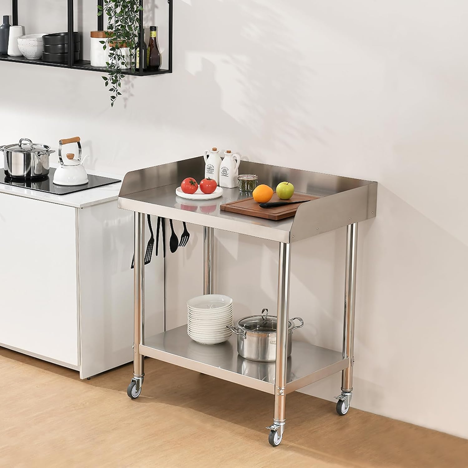 Stainless Steel Work Table 24×36 Inch, Heavy Duty Stainless Steel Prep Table with Wheels Metal Food Table Backsplash Adjustable Undershelf Steel Tables for Kitchen Restaurant Outdoor