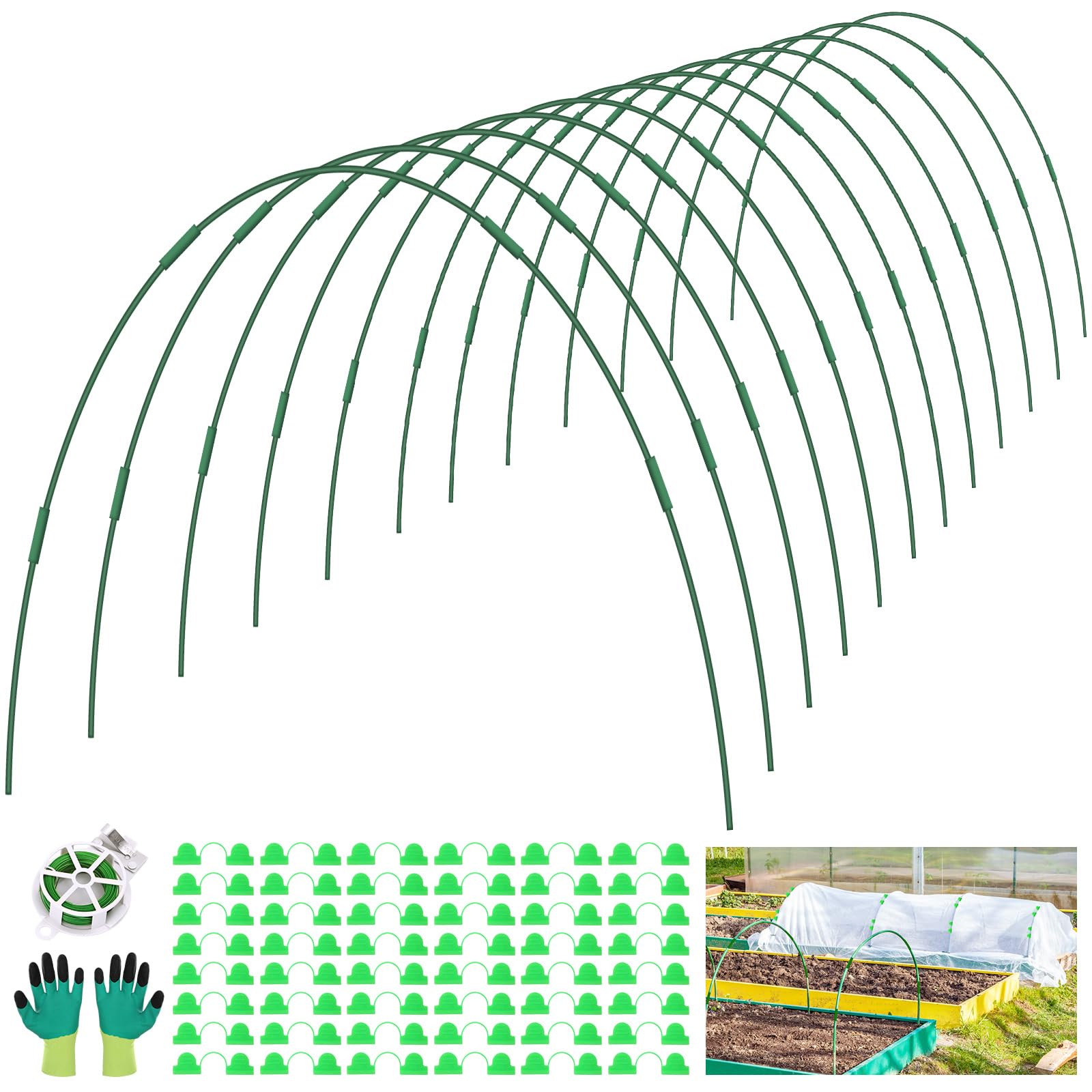 60 Pcs Garden Hoops for Netting, 12 Sets Adjustable Greenhouse Hoops Rust-Free Fibreglass Garden Bed Hoop Grow Tunnel Support Kit with Clips Twist Tie for Raised Bed Row Cover Outdoor Plant Protection
