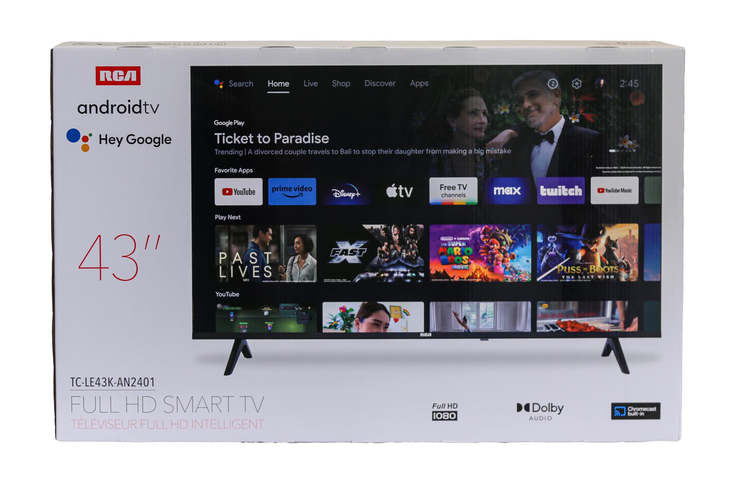 RCA 43-Inch FHD Smart Android TV, Frameless LED Display with HDR10, Wi-Fi and Bluetooth, Google Assistant Built-in, Compatible with Alexa