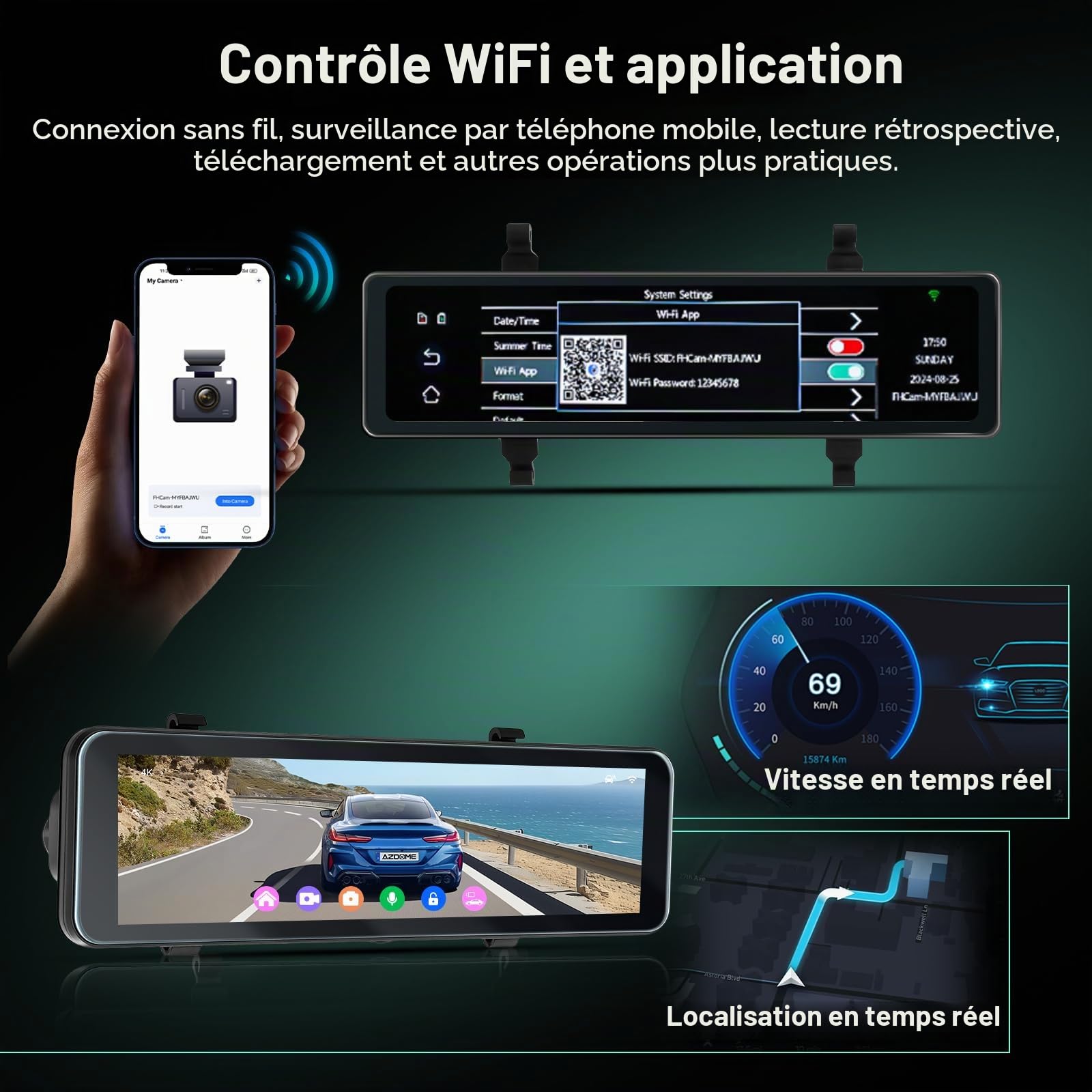 Hodozzy Dashcam Rétroviseur 4K Avant + 1080P Arrière Voiture, GPS ADAS BSD WiFi & App, écran Tactile 10,88 Pouces Caméra Voiture avec Mode Parking, G-Capteur, Boucle, Vision Nocturne, Carte 64Go