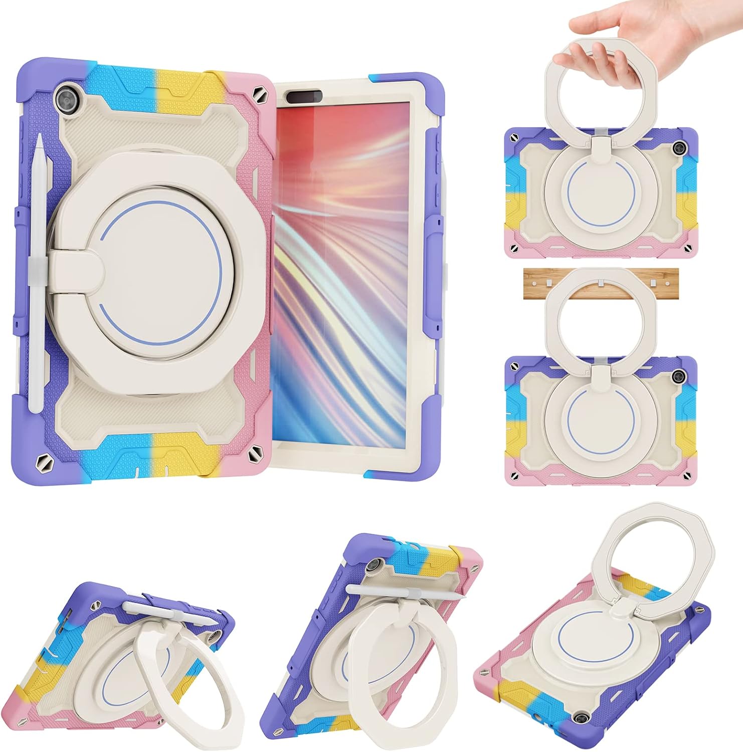 Tablet Silicone Case for Lenovo Tab M10 HD (2nd Gen) TB-X306,Shockproof Case with Pencil Holder,Shoulder Strap,Rotating Large Ring Hanging Kickstand for Kids