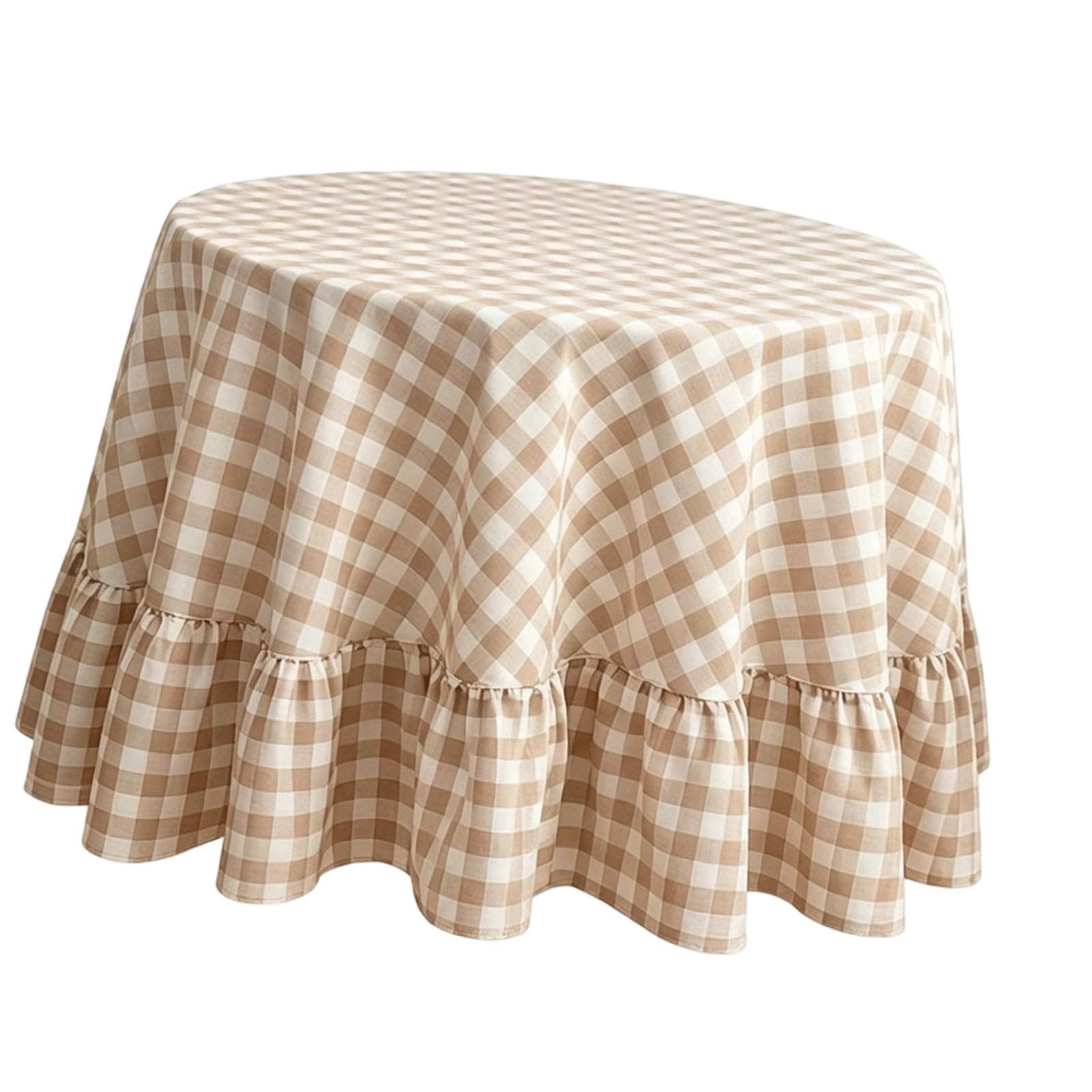 Hem Round Table Cover Cotton Linen Blend Checked Tablecloth for Dining Tables and Tea Time Decor for Family Dining Checked Round Table Cover Ruffle Hem Linen Cloth Tea Decor Vintage Home Cafe Cloth