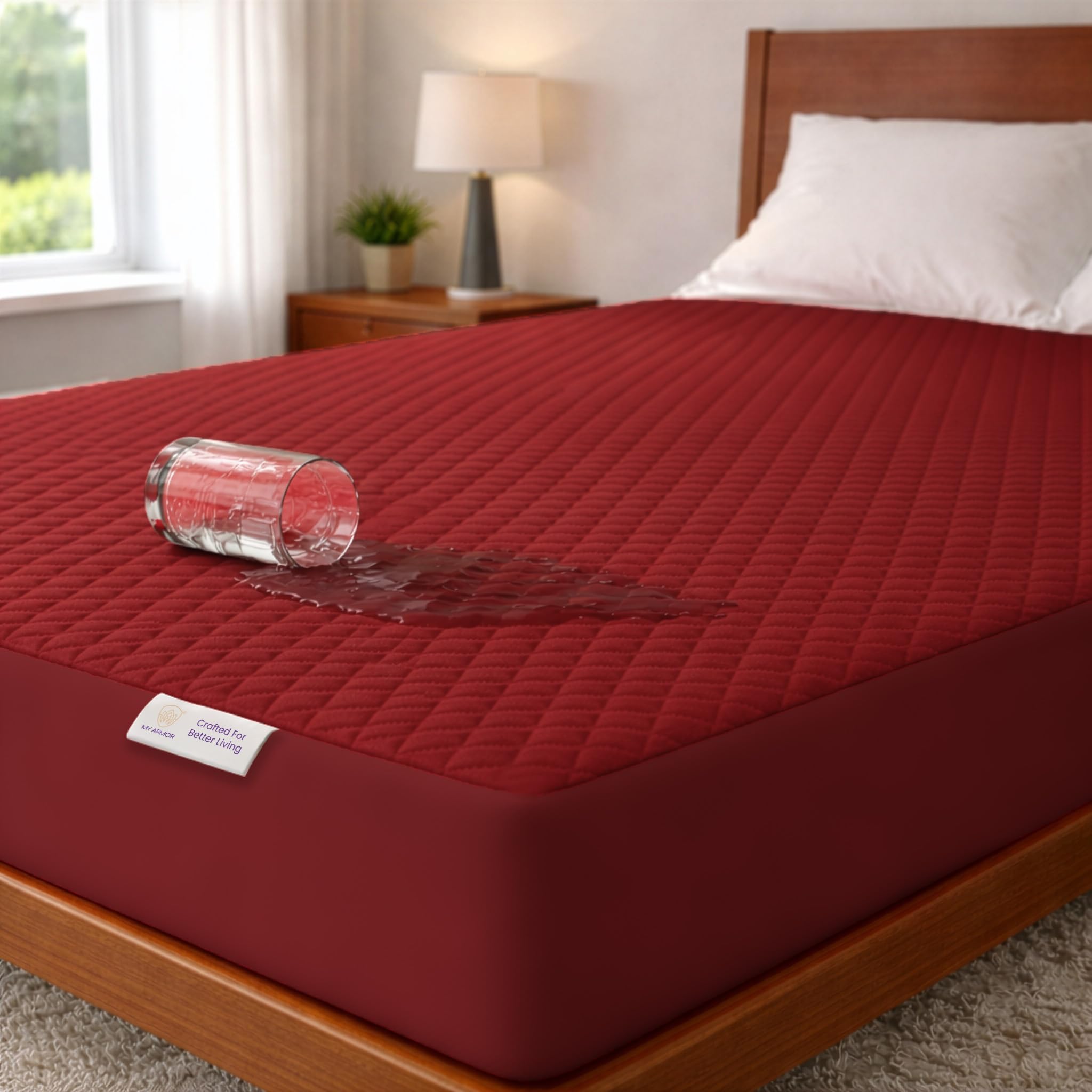 MY ARMOR Mattress Protector King Size | Waterproof Cotton Quilted Bed Protector King Size, 78x72 Inch | Breathable Noiseless Ultra Soft Fitted Cover with Elastic Skirting, 6.5x6 ft, Maroon