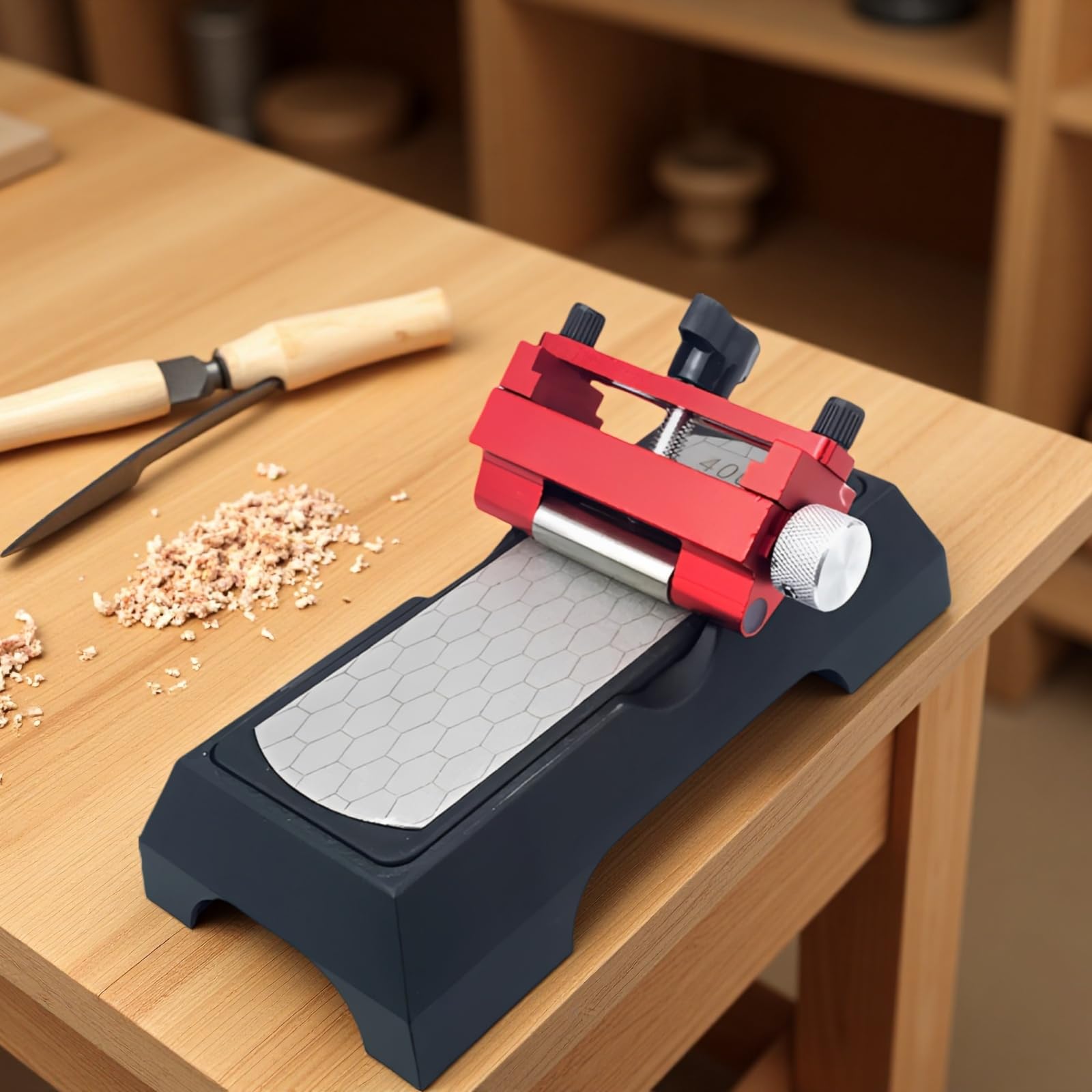 Pierre à aiguiser diamant pour couteaux de cuisine, grain 400/1000, guide d'affûtage et guide d'angle, kit d'aiguisage pour ciseaux à bois, base antidérapante, facile à utiliser, rouge