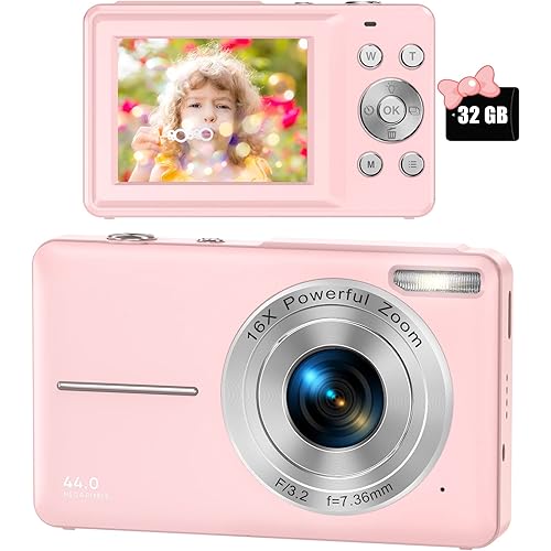 FHD 1080P Digital Camera for Kids with 32GB SD Card 16X Digital Zoom, Compact Camera Point and Shoot Digital Cameras Portable Mini Camera for Teens Students Boys Girls Seniors(Pink)