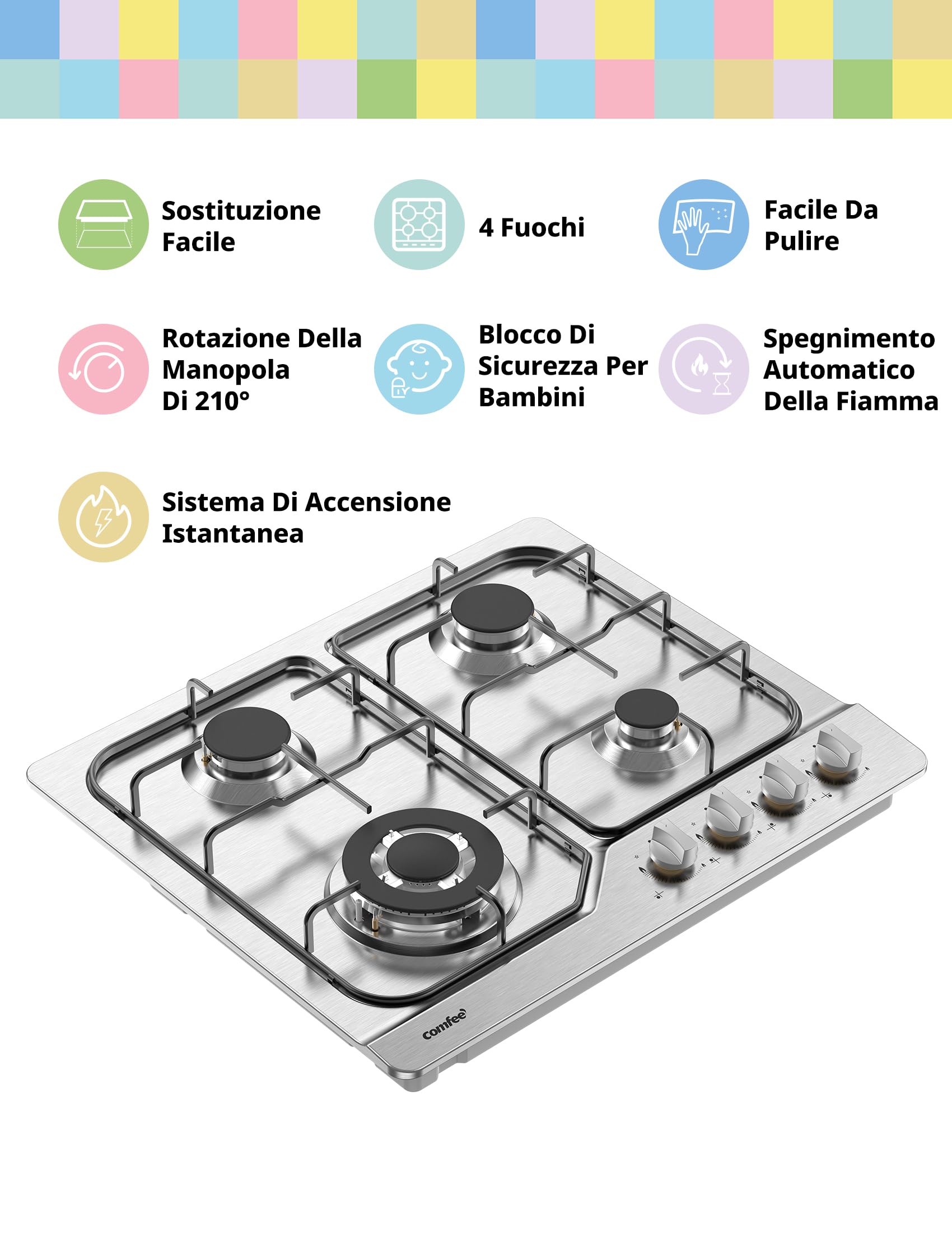 COMFEE CGH610X Piano Cottura a Gas da Incasso 4 Fuochi, 60 cm Acciaio Inox, Griglie in Ghisa, Termosicurezza Gas, Superficie Facile da Pulire