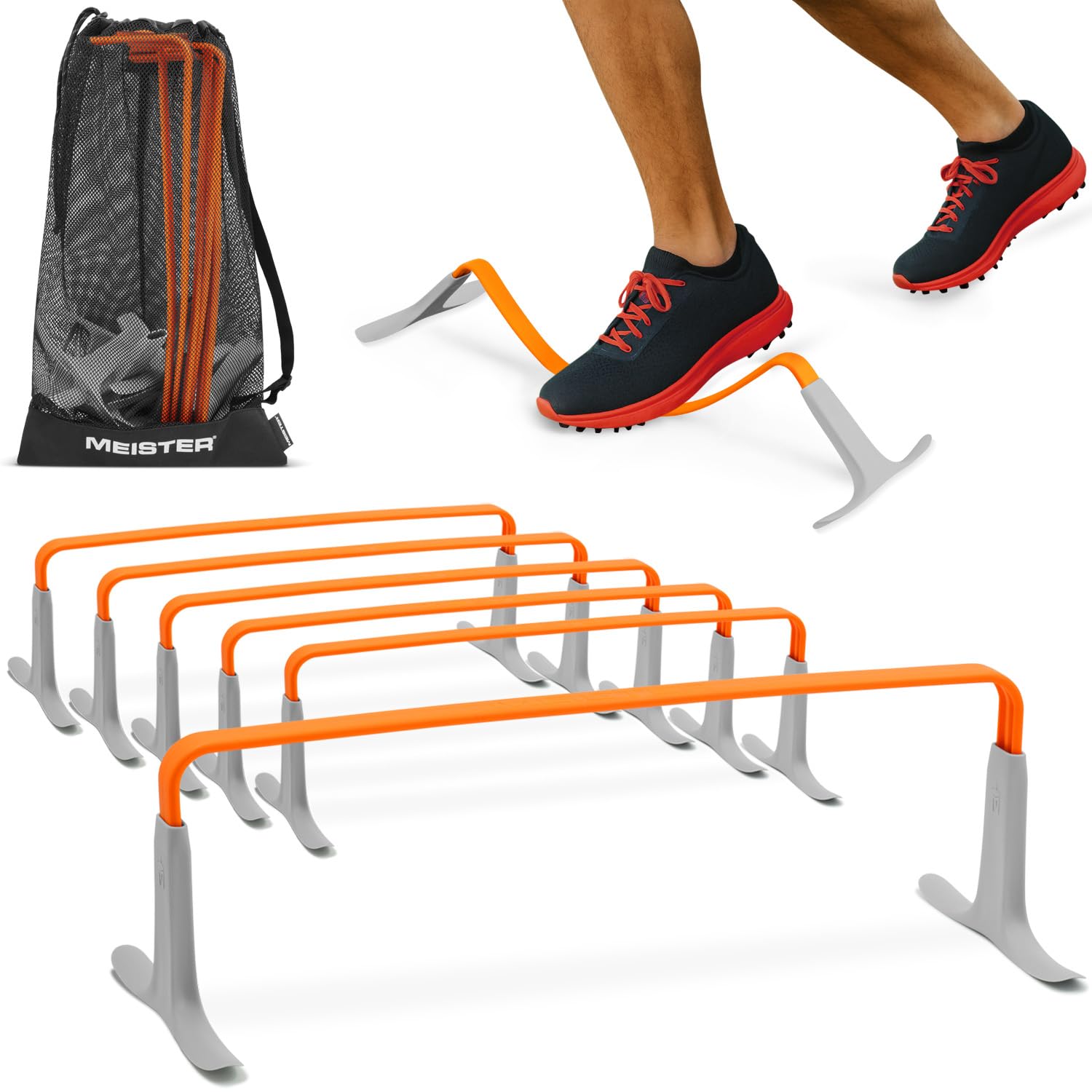 Meister ZoomFlex Agility Hurdles w/Carry Bag - Flex-Safe Modular Speed Training - 6" Safety Orange - 6 Pack