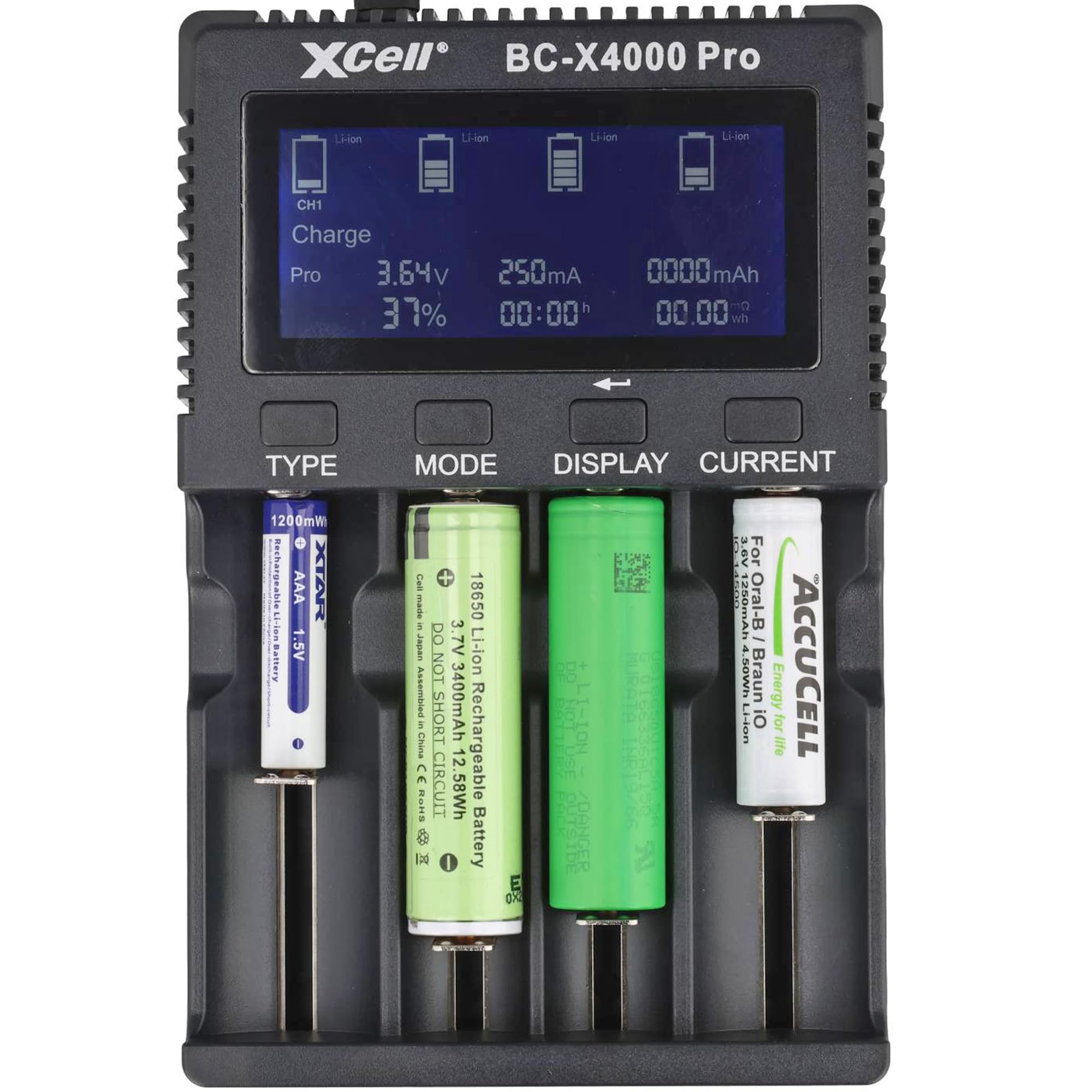 XCell Chargeur rapide LiFePO4, LiIon, NiCd, NiMH 10440, 14500, 16340, 16650, 17500, 18350, 18490, 18500, 18650, 20650,