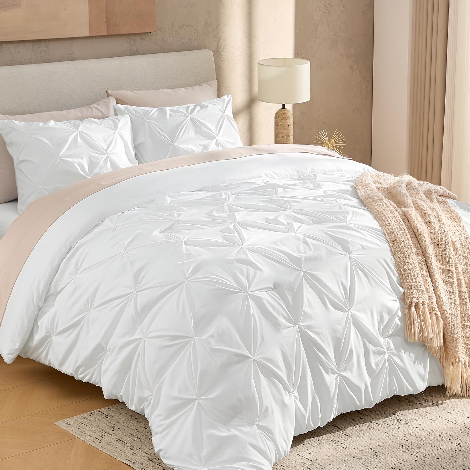 Andency White Queen Comforter Set(90x90Inch), 3 Pieces Cute Pinch Pleat Bedding Comforters & Sets for Queen Bed, Soft Lightweight Fluffy Down Alternative All Season Bed Set