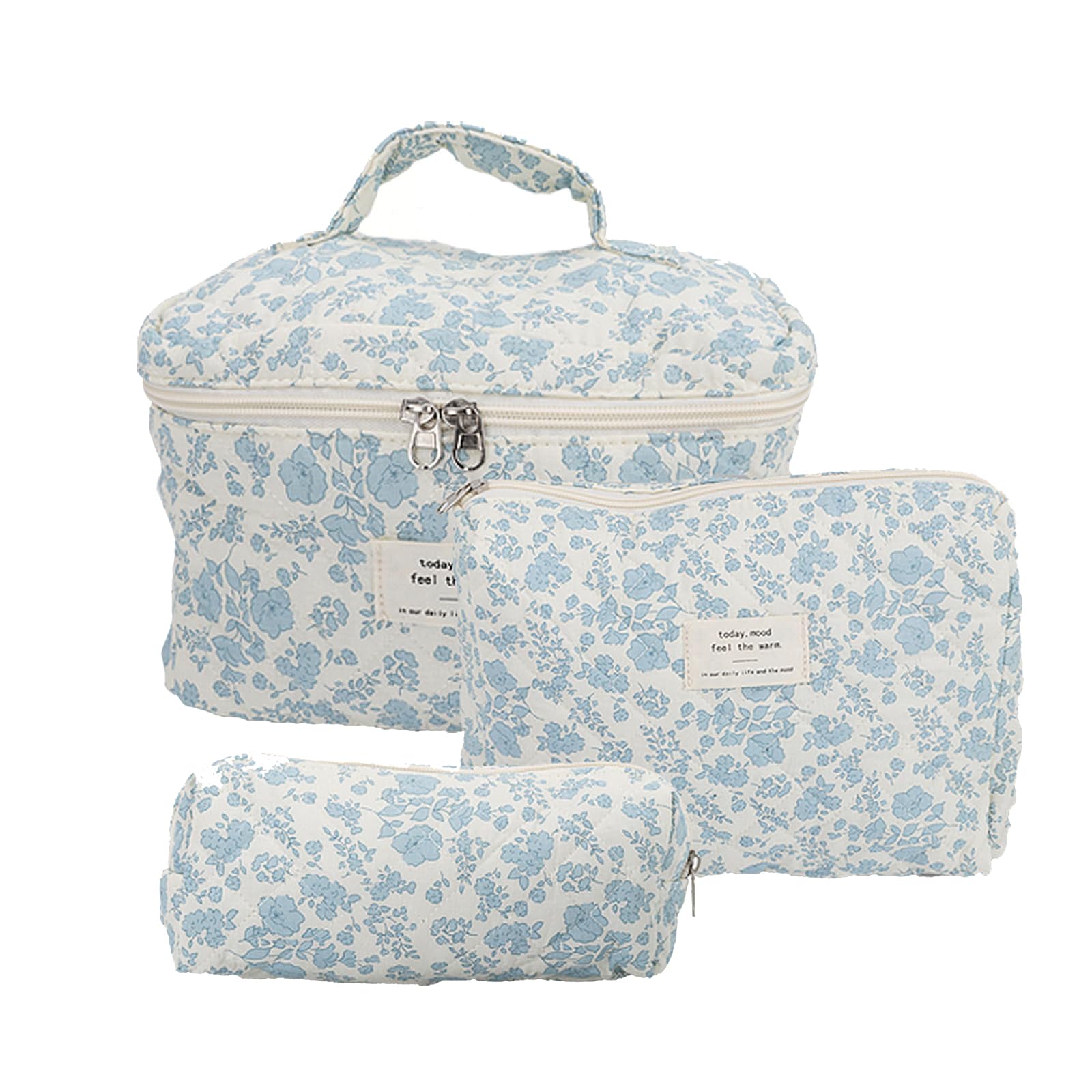 Set di 3 trousse per trucchi e articoli da toeletta, trousse per cosmetici, da donna, portatile, in cotone, organizer da viaggio con cerniera, Blu, moderno