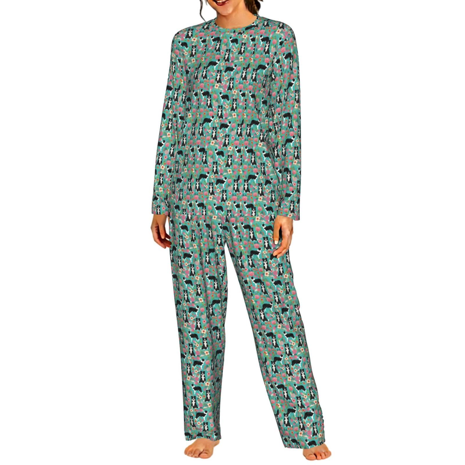 Pigiama da donna a maniche lunghe con stampa floreale Border Collie morbido elastico coulisse casual Daywear