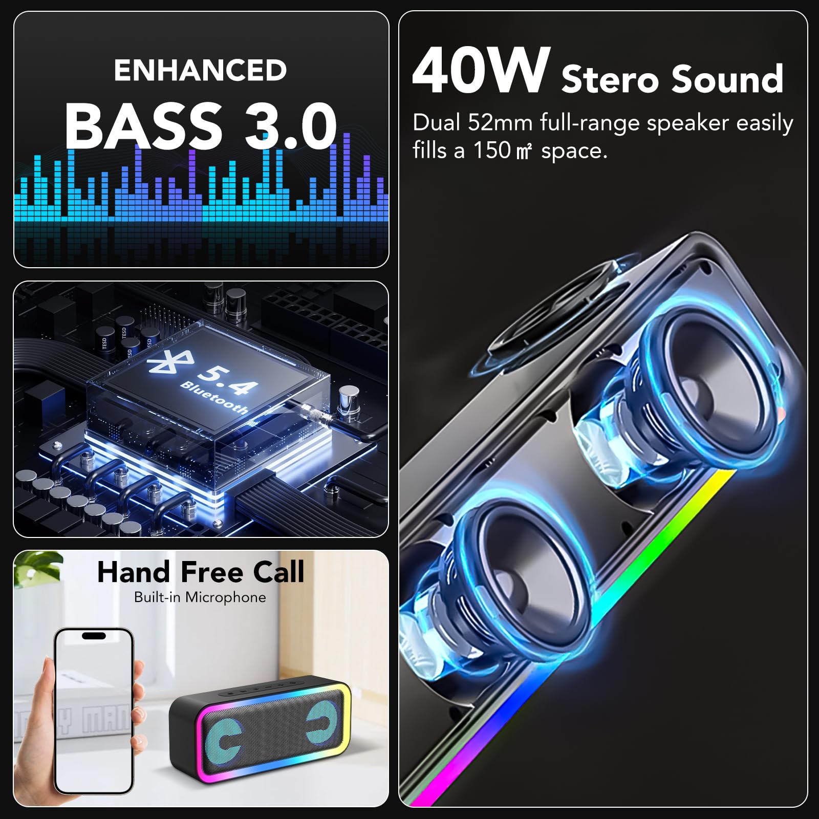 Cassa Bluetooth Potente Portatile con Luci, Speaker Bluetooth 5.4, 30W Basso Potenziato, IPX7 Impermeabile, 7 Luci RGB, 30 Ore Autonomia, Altoparlante Bluetooth per Party, TWS AUX TF-Card, Argento