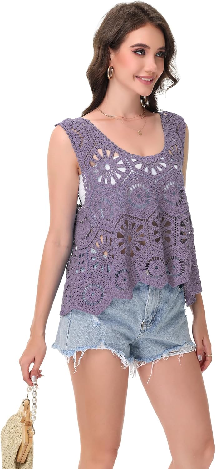Anna-Kaci Women's Crochet Knit Tank Top with Hollow Flower Sleeveless Boho Lace Cover Up - Image 3