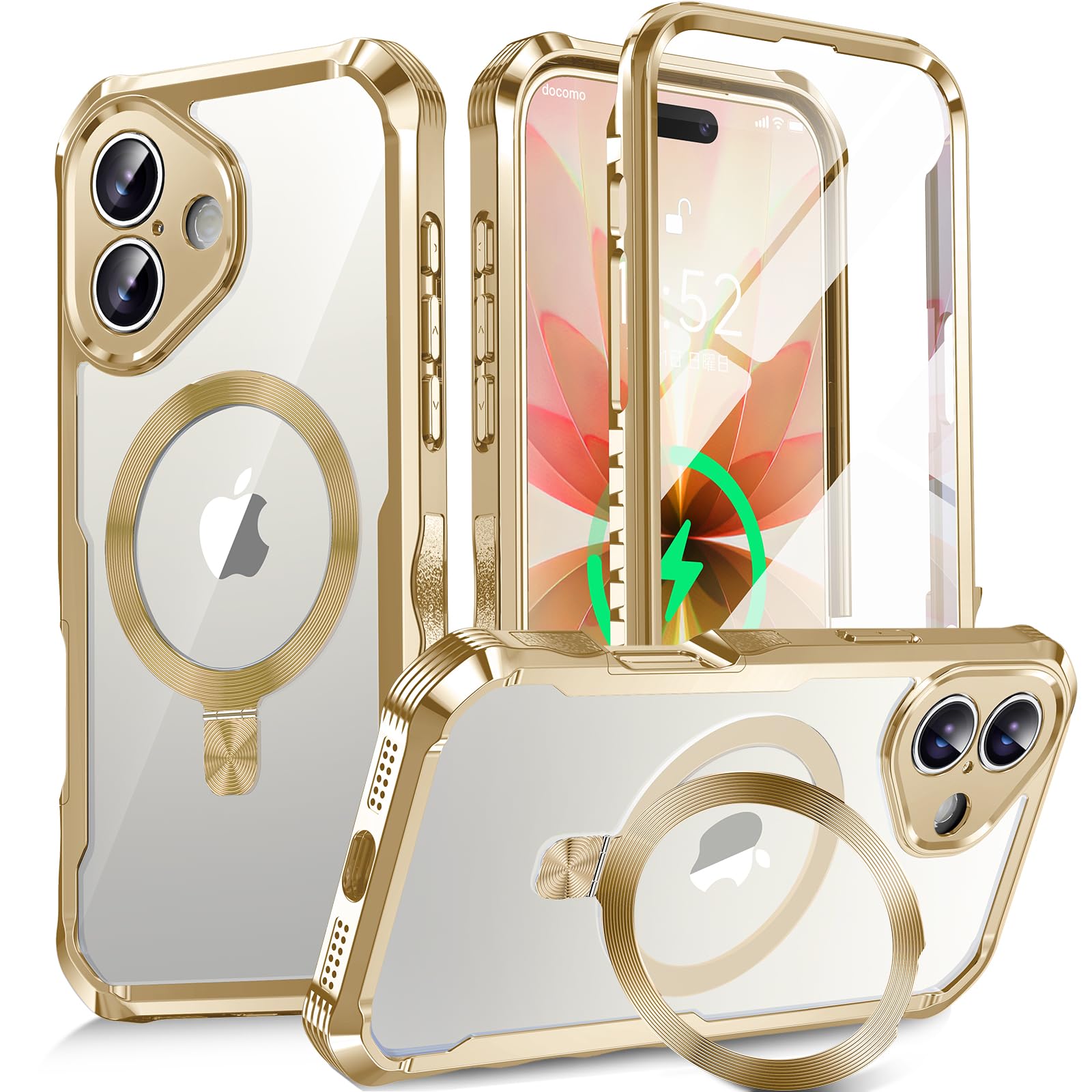 【360°全面保護・スタンド・Magsafe対応】KELLCASE iPhone 17 用 ケース 両面 隠しスタンド・CDリング 横縦両立 ワイヤレス充電 いphone17 カバー 黄変防止透明PC背面 メッキバンパー 米軍MIL規格耐衝撃 マグセーフ対応 高感度タッチ アイフォン17 用 ケース 6.3インチ(ゴールド)