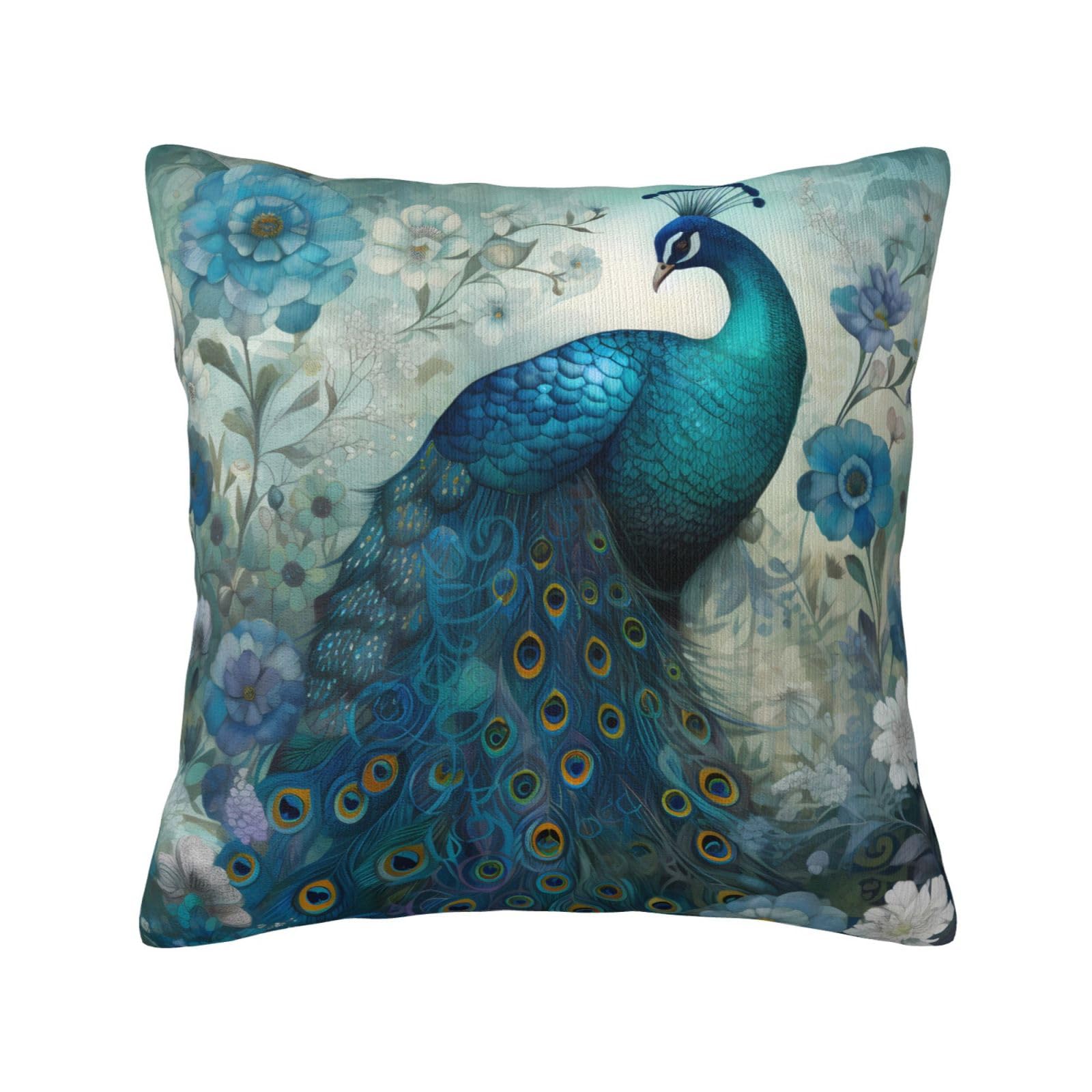 Peacock Decorative Throw Pillow Covers, 18x18 Inch, Set for Couch, Sofa, Bedroom, Living Room