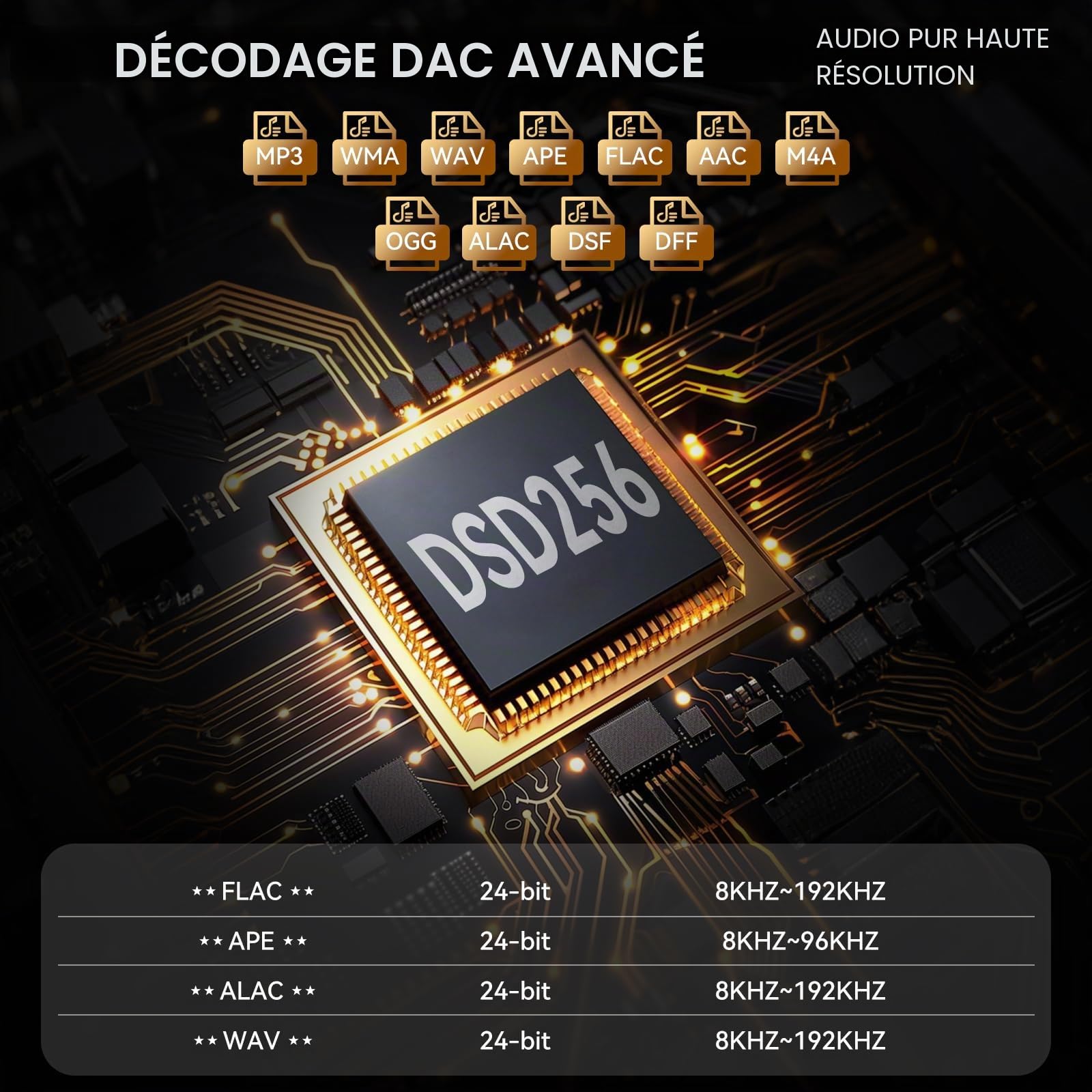64GB HiFi Lecteur MP3, DAC DSD Portable Music Player, Écran Tactile 2 Pouces, Fonction de Reprise, Boîtier en Aluminium CNC, Expansion microSD 128GB