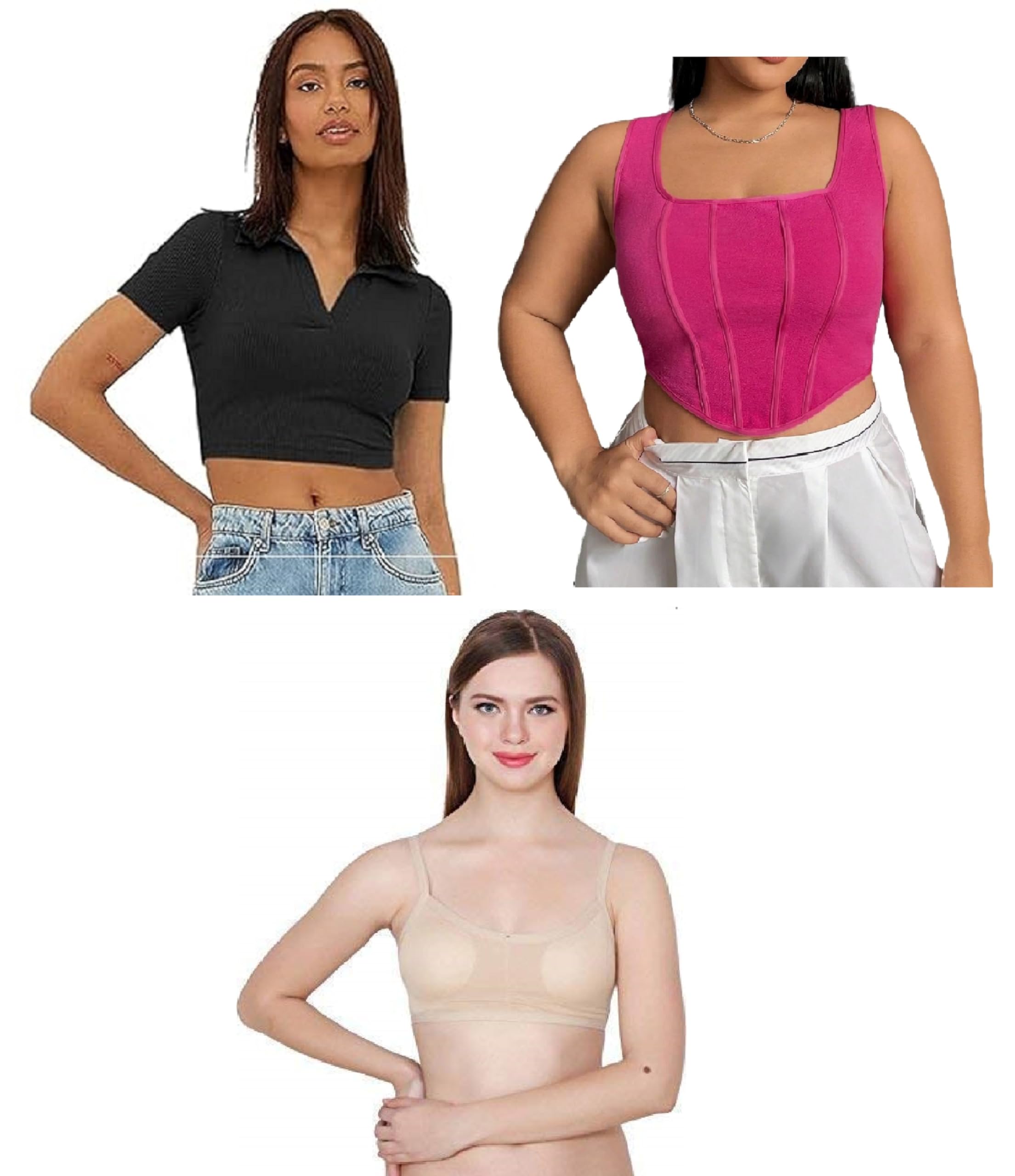 Cotton Solid | Scollo quadrato | Plain / Relax | Short | Tension Fashion | Trendy Crop Top a forma di V | Grazioso reggiseno a 6 Pati per ragazze e donne (confezione da 3)