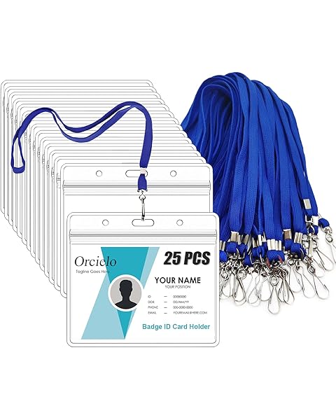25Pcs Clear Plastic Horizontal Name Tags Badge ID Card Holders and 25Pcs Flat Neck ...