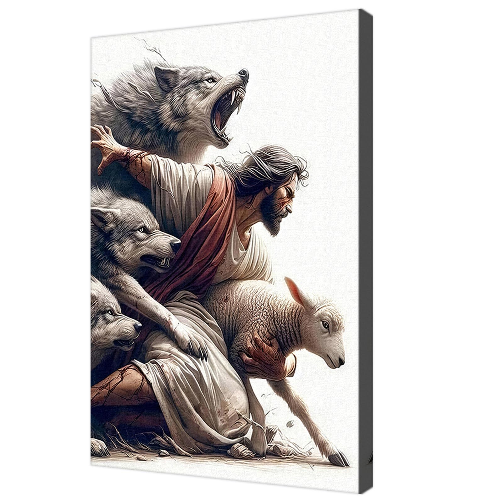 Jesus-Wall Art Framed Jesus Protect A Lamb From Wolves Poster For Church Room Decor-Christian-Art Canvas Print Picture For Home Living Bedroom Office