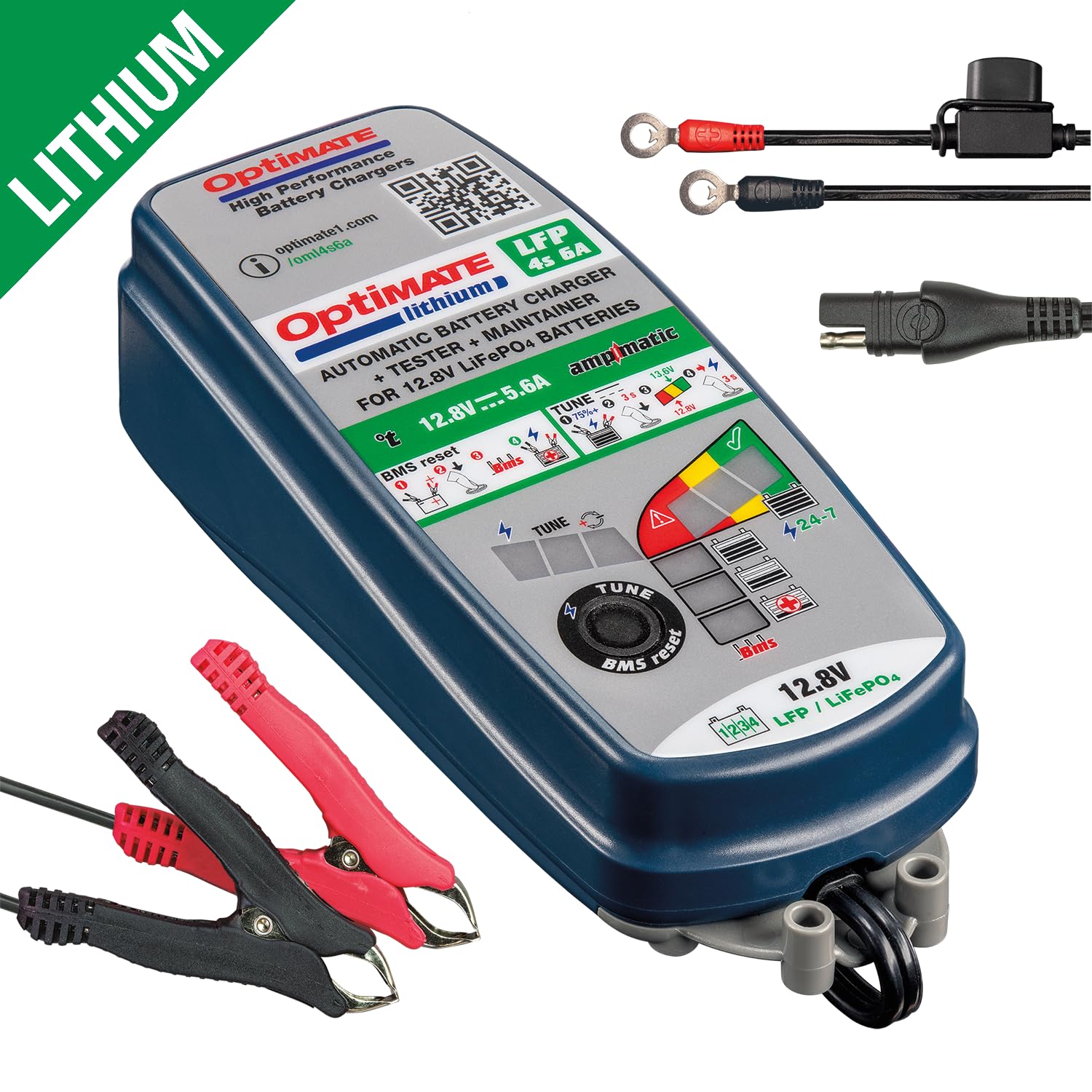 OptiMate Lithium 4s 6A 12,8V LiFePO4 Caricabatterie con Mantenitore – Sistema Automatico 10 Fasi Tecnologia Ampmatic – Sicuro Resistente – per Moto Auto ATV Scooter Acqua