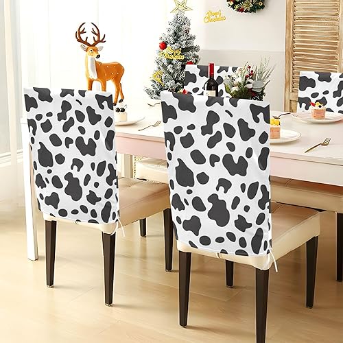 Miniatura 4 de Juego de 6 fundas decorativas para sillas de comedor con estampado de leopardo de vaca blanca y negra para taburetes de aula, funda extraíble para