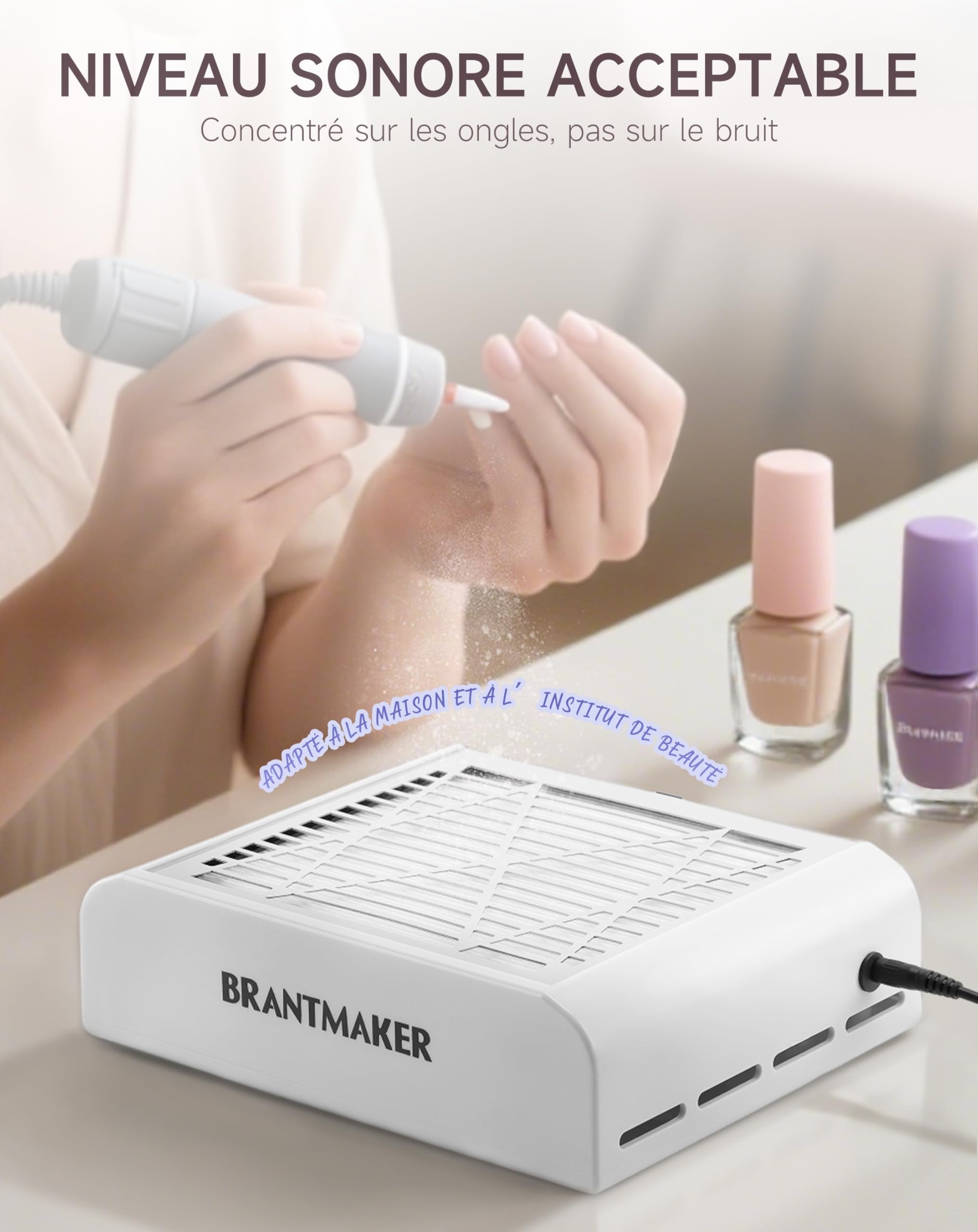 BRANTMAKER Aspirateur Ongle Professionnelle avec Brosse et 2 Filtres Réutilisables，60W Aspirateur Manucure Poussiere Ongle (Blanc) | Plastique, Aspirateur Manucure Poussiere Ongle