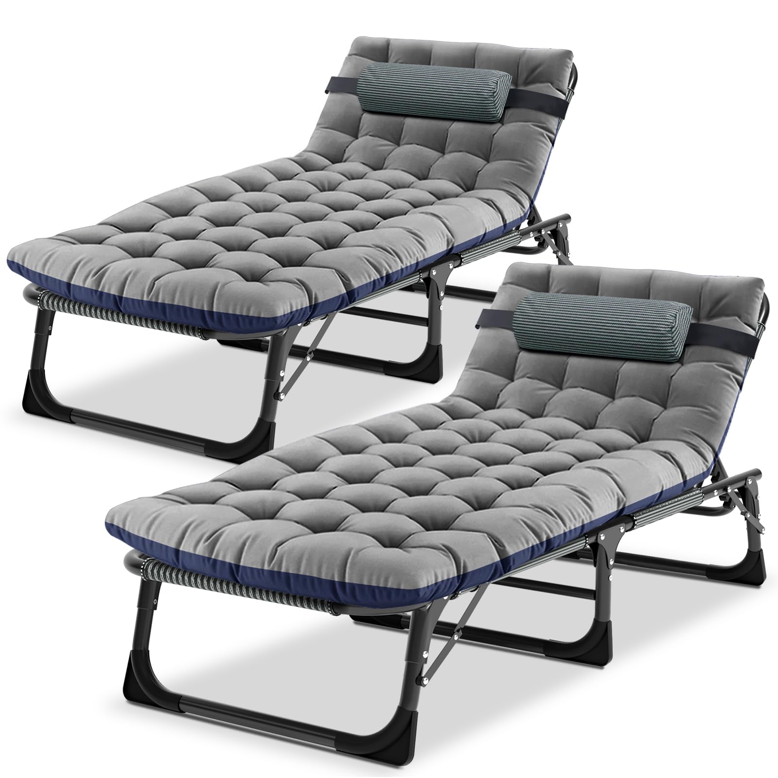 Ryuhic Folding Sun Lounger for Garden Set of 2, Heavy Duty Adjustable Garden Bed with Mattress and Headrest, Oversized Portable Outdoor Camping Bed for Home, Office Nap, Patio Pool and Beach