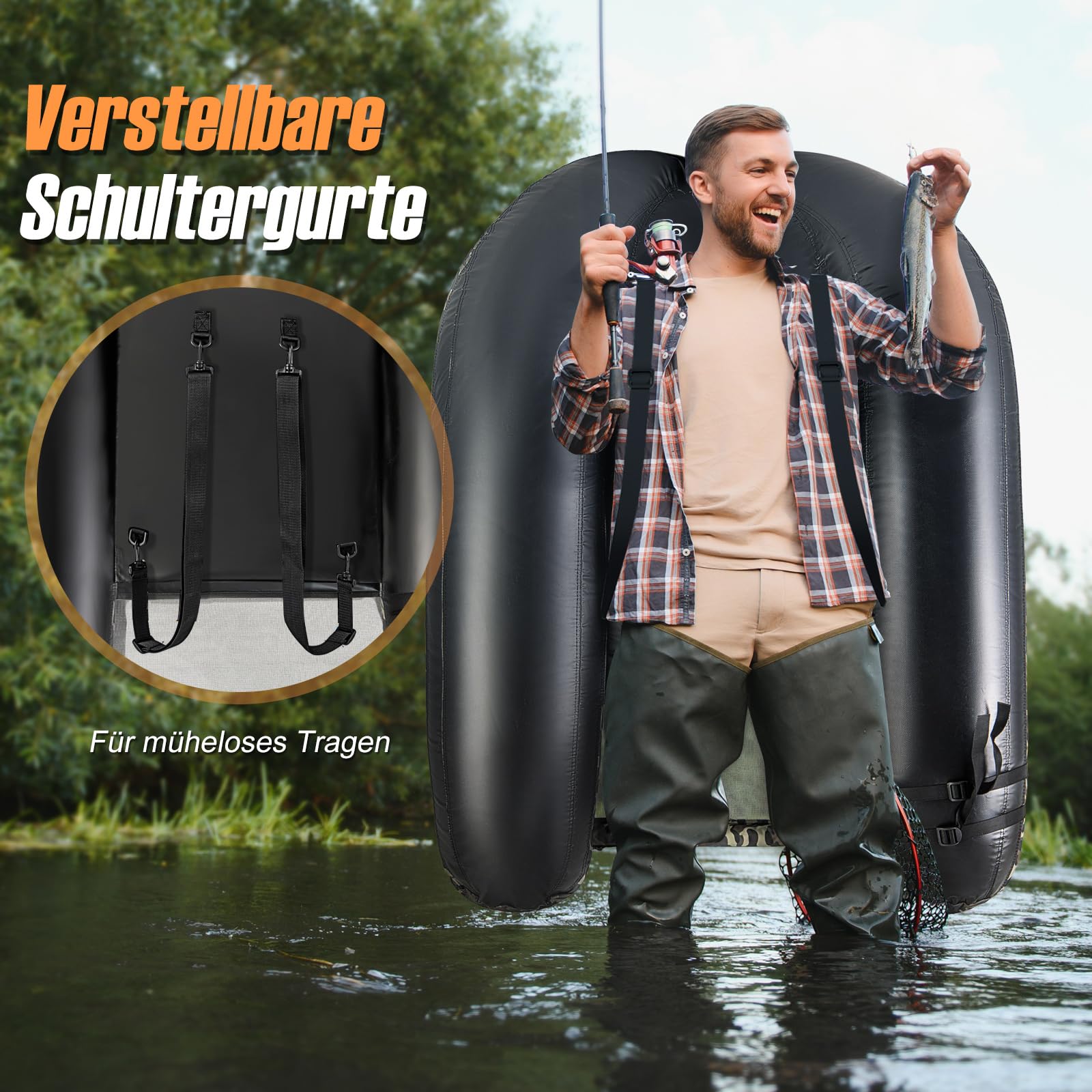 COSTWAY Aufblasbares Schlauchboot, Angelboot mit Fischlineal, Rutenhalter, Seitentaschen, Flossen, Paddel, Pumpe, Rückenlehne & Gurten, Belly-Boat 150 kg belastbar, Fischerboot 146 x 109 x 44 cm