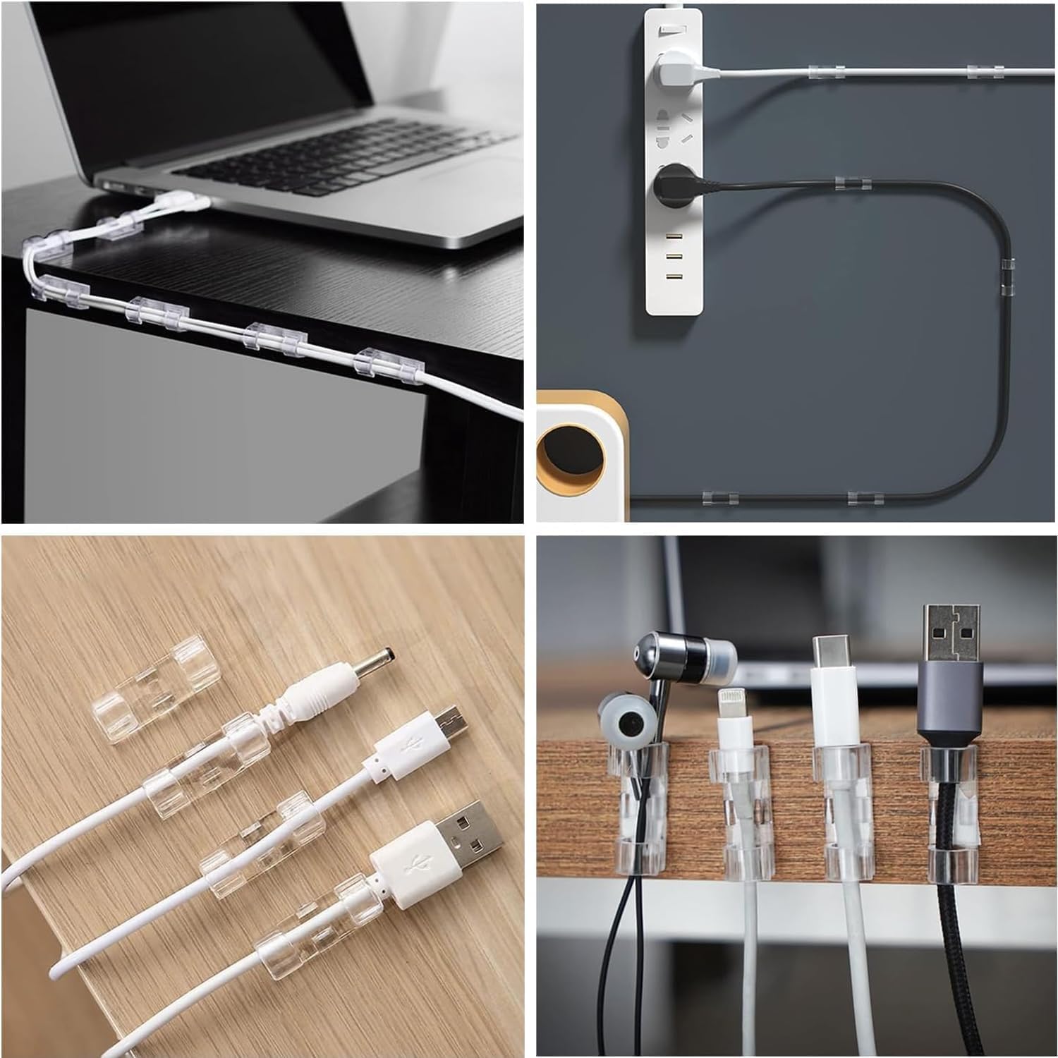 Kyrotech Juego de 100 clips adhesivos para cables, organizador de cables, soporte de cables para escritorio y pared, estabilizador de cables, adecuado para gestión de cables de oficina en casa, USB
