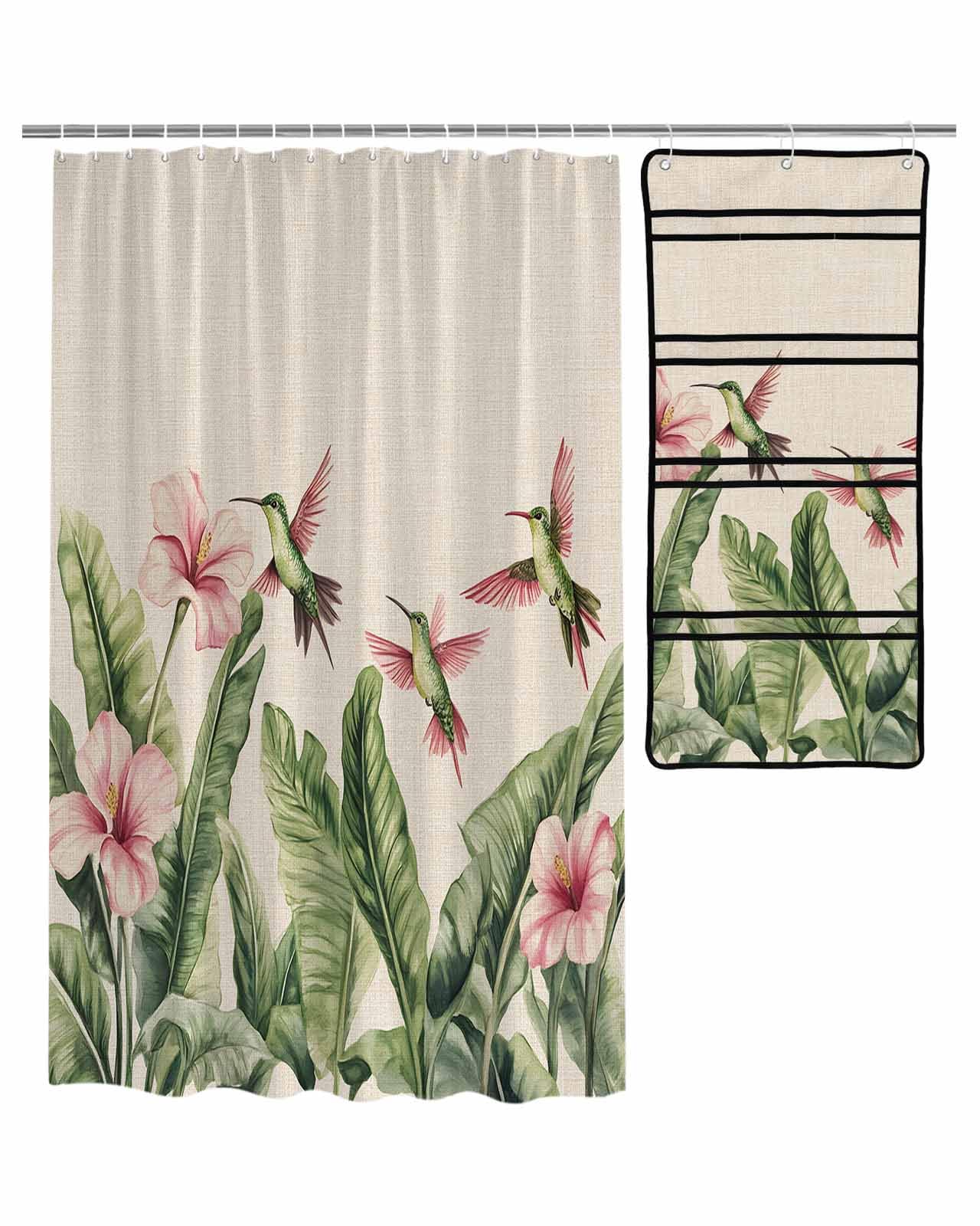 ZFUNCING Shower Curtain Mesh Shower Organizer Set Summer Hummingbird Floral Leaf Waterproof Bath Curtains Hanging Shower Caddy Bathroom