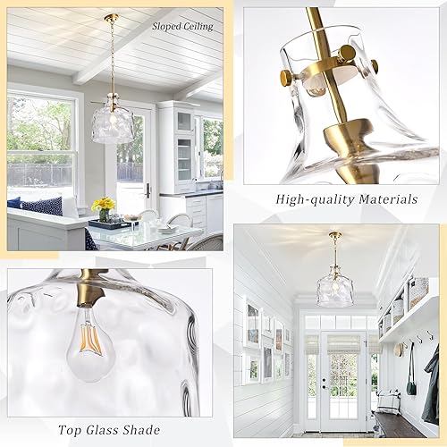 Miniatura 3 de Lámpara colgante extragrande de 16 pulgadas para casa de campo, pantalla de vidrio martillado soplado a mano, acabado dorado, cadena ajustable para