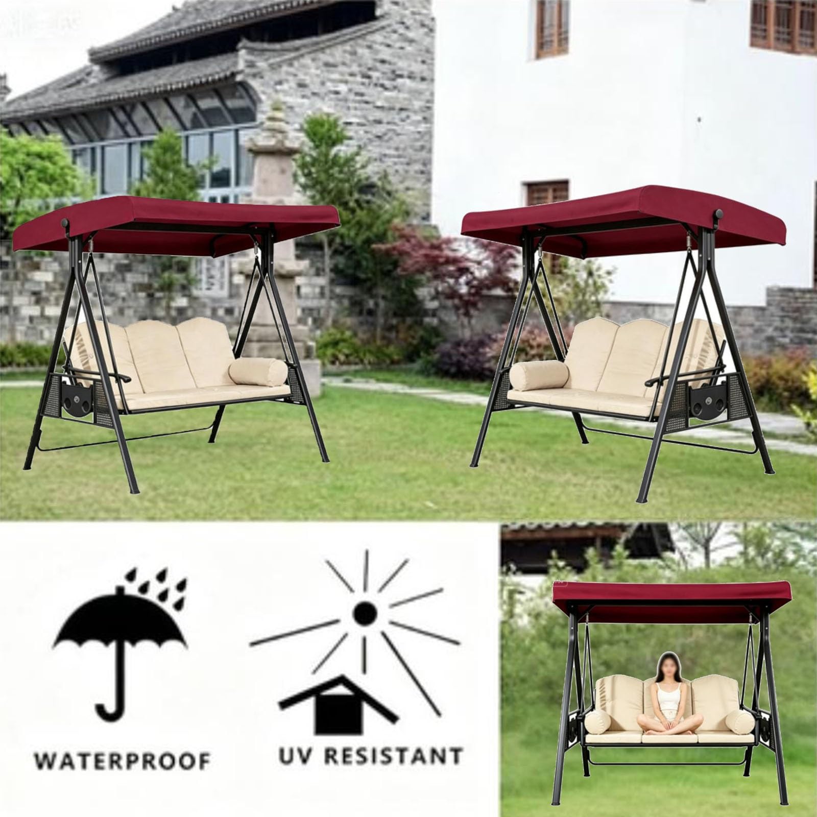 Tetto di ricambio per altalena da giardino universale, tettoia per altalena, impermeabile e protezione UV, per 2 e 3 posti(Red,78 x 46in/198 x 118cm)