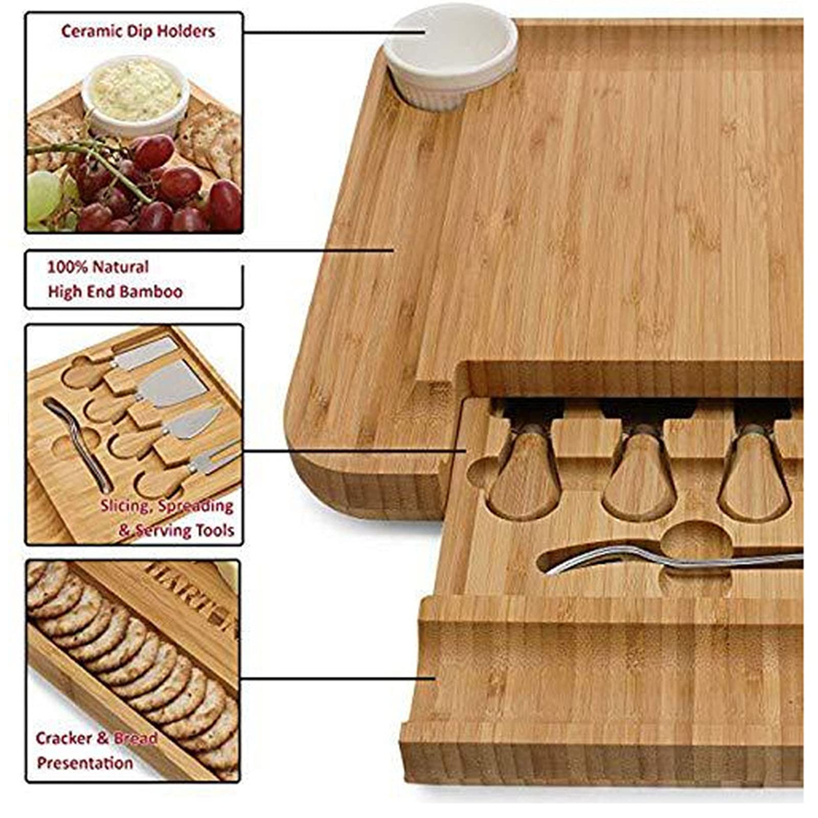 Plateau À Fromage Et Ensemble De Couteaux, Planche De Charcuterie En Bambou, Assiette De Service 4 Couteaux Et 2 Bols, Cadeaux Pour Thanksgiving Noël Pendaison De Crémaillère Anniversaire De Mariage