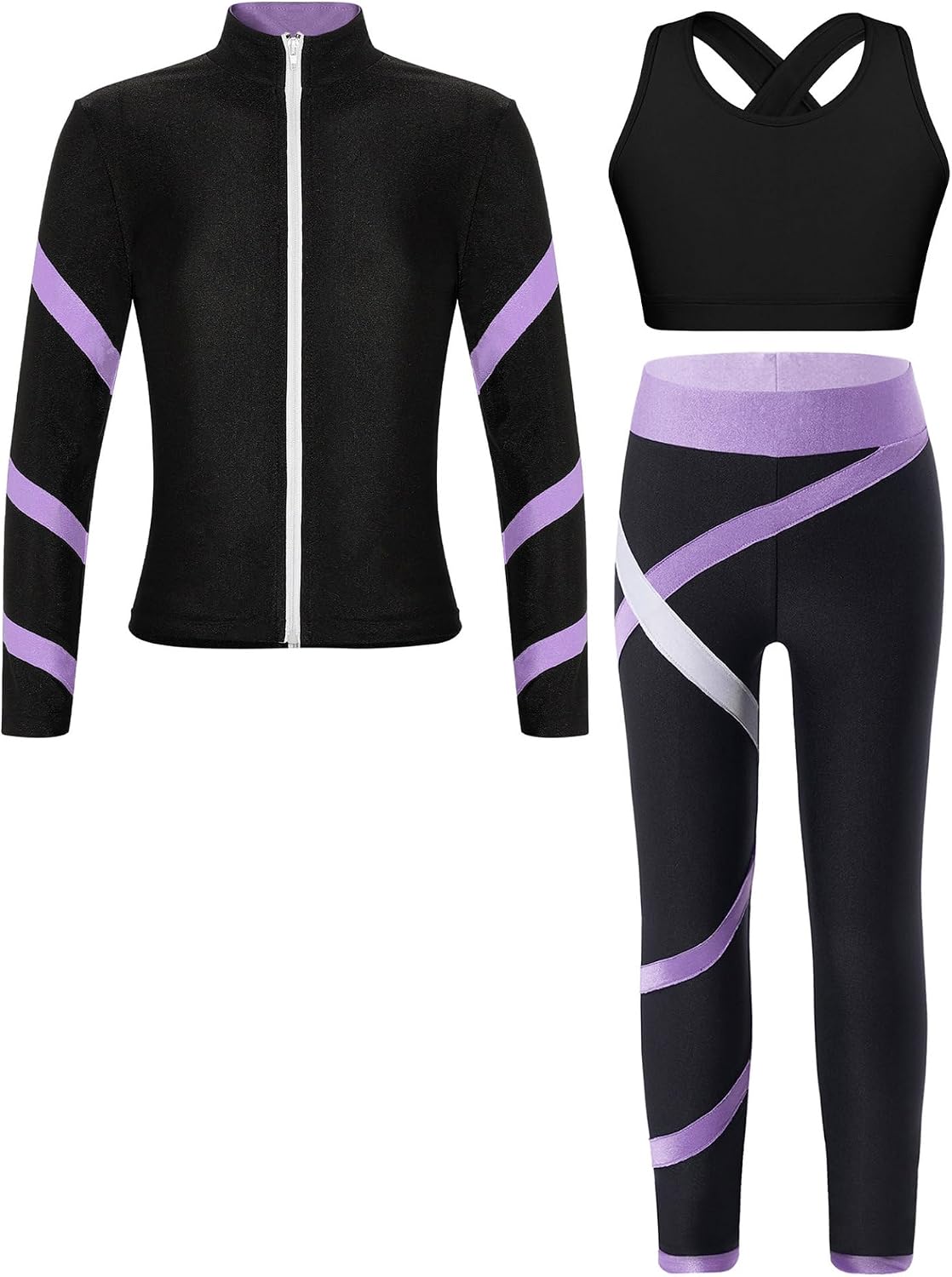 Linjinx Girls 3Pcs Tracksuit Set Figure Skating Outfits Breathable Yoga Leggings with Sports Bra and Running Jacket