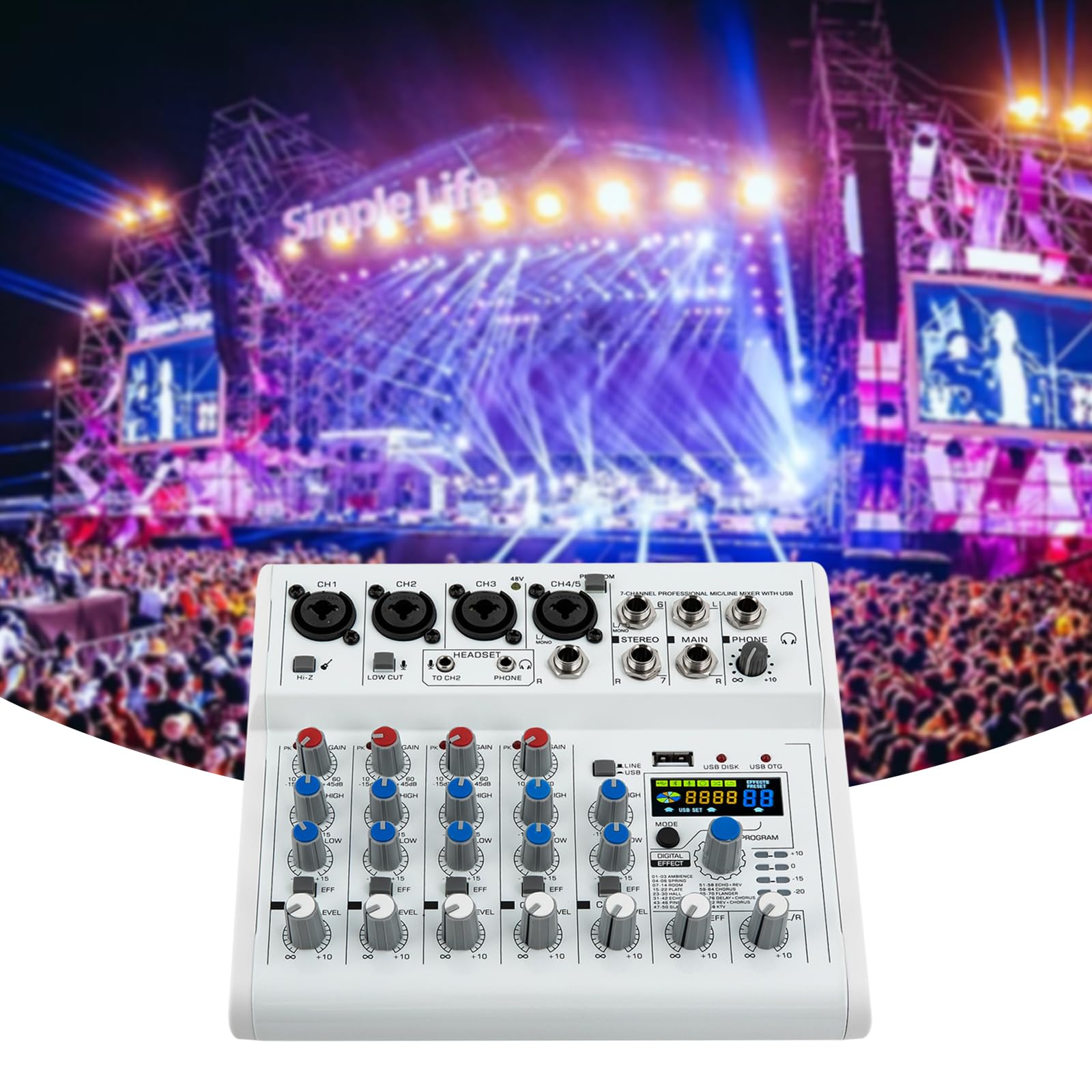 7 Kanal Mischpult, mit Bluetooth und 88 DSP Effekten, Mini DJ Mixer, 48V Phantomspeisung, Stereo Audio Mischkonsole, für Live Streaming, Podcast, Karaoke, Studio, DJ, PC, Smartphone, Tablet