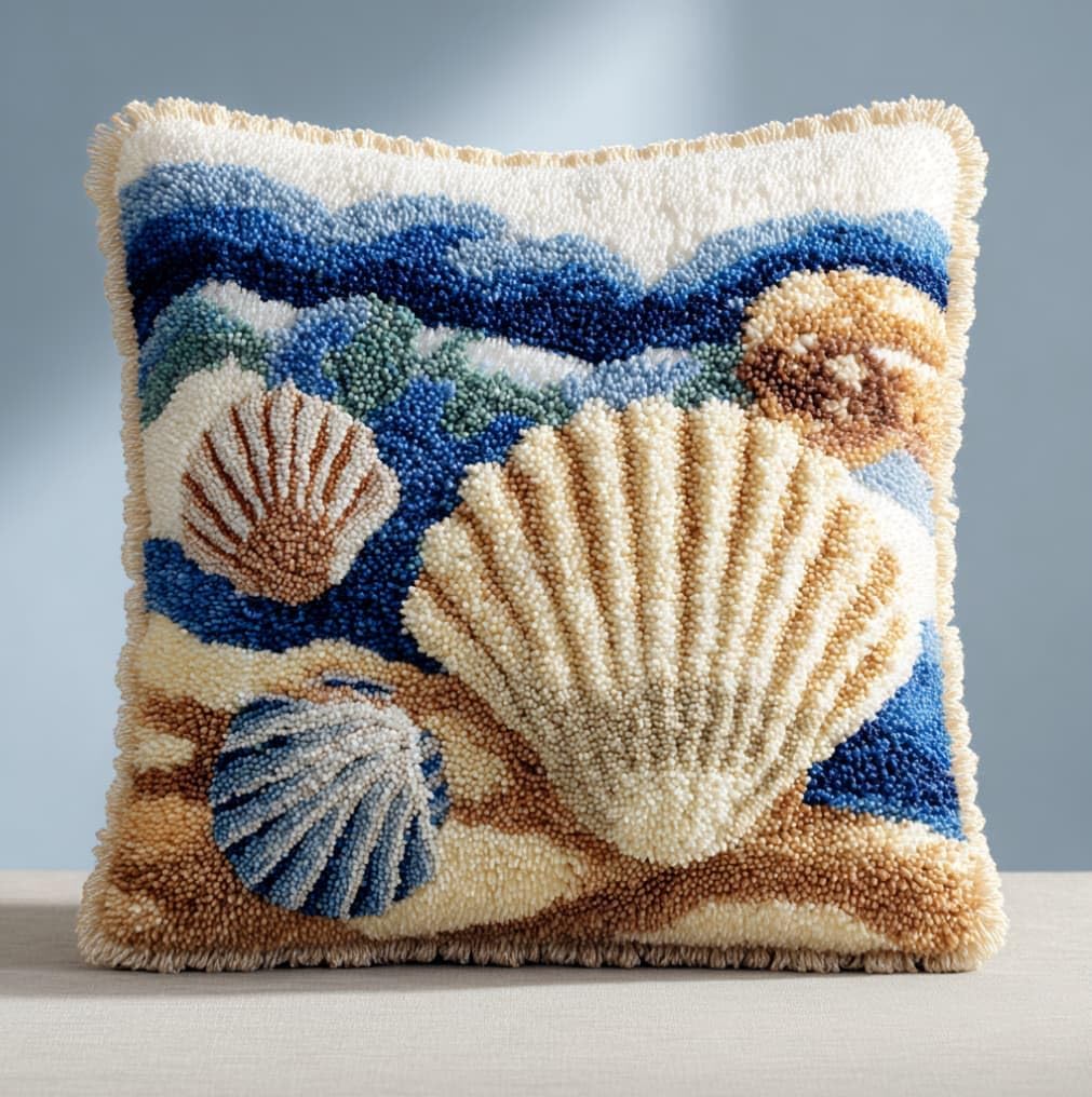 WallustrioaW DIY Latch Hook Pillow Kit,Seashell Pillowcase Kits Embroidery Kits 17X17 Inch DIY Needlework Pillow Cover Sofa Cushion Rug Making