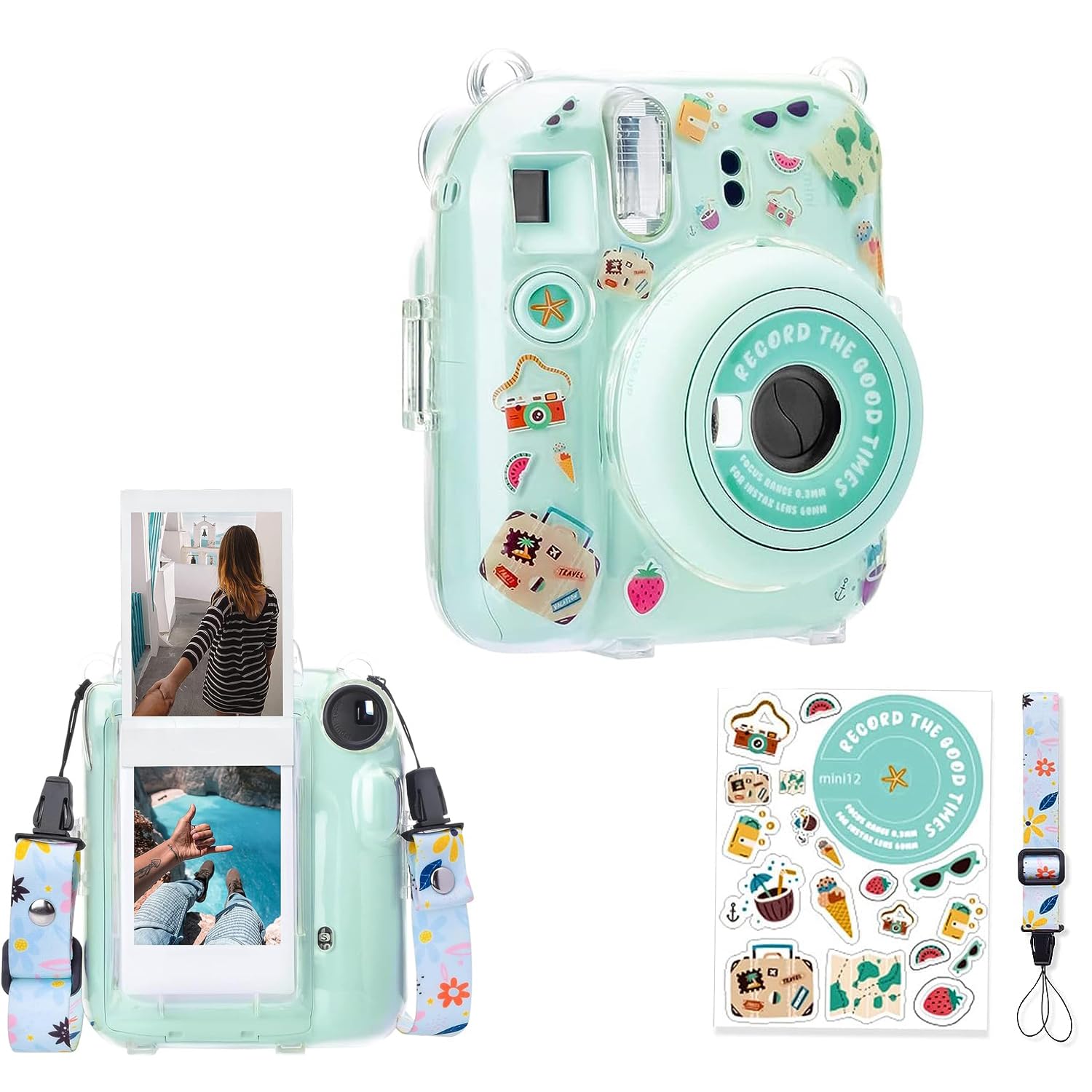 X spring Instax Mini 12 Clear Case, Case for Mini 12 Instant Camera with Back Photos Pocket, Adjustable Shoulder Strap and Beautiful DIY Camera Sticker, Hard PVC Protective Case (Green)
