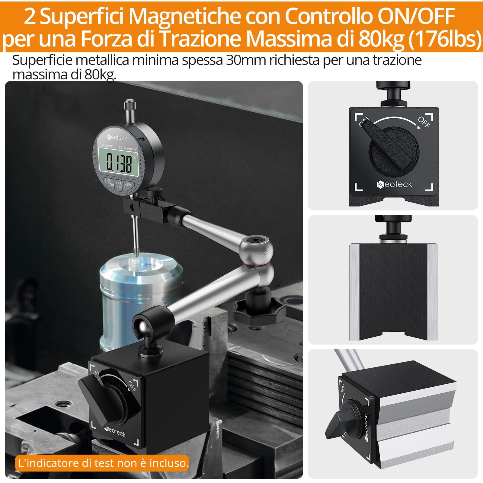 Neoteck Kit Millesimale Professionale: Comparatore Digitale 0.001mm + Base Magnetica 80kg, Indicatore di Precisione 0.001mm con Display LCD, Funzione Zero per Officina CNC