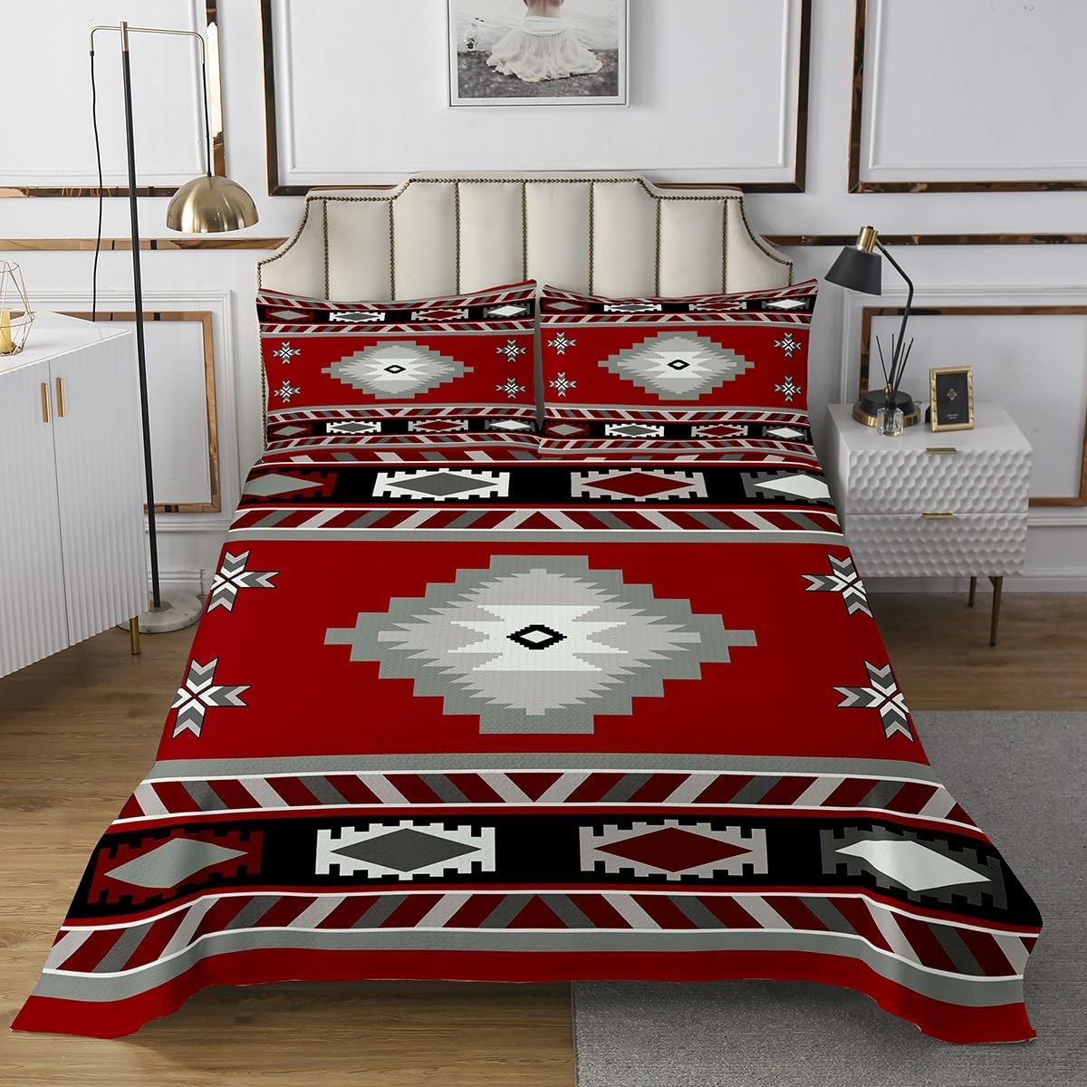 jejeloiu Southwestern Bedspread Tribal Coverlet Set for Kids Boys Girls Teens Room Decor Geometric Quilted Coverlet Twin Size Red Grey Black
