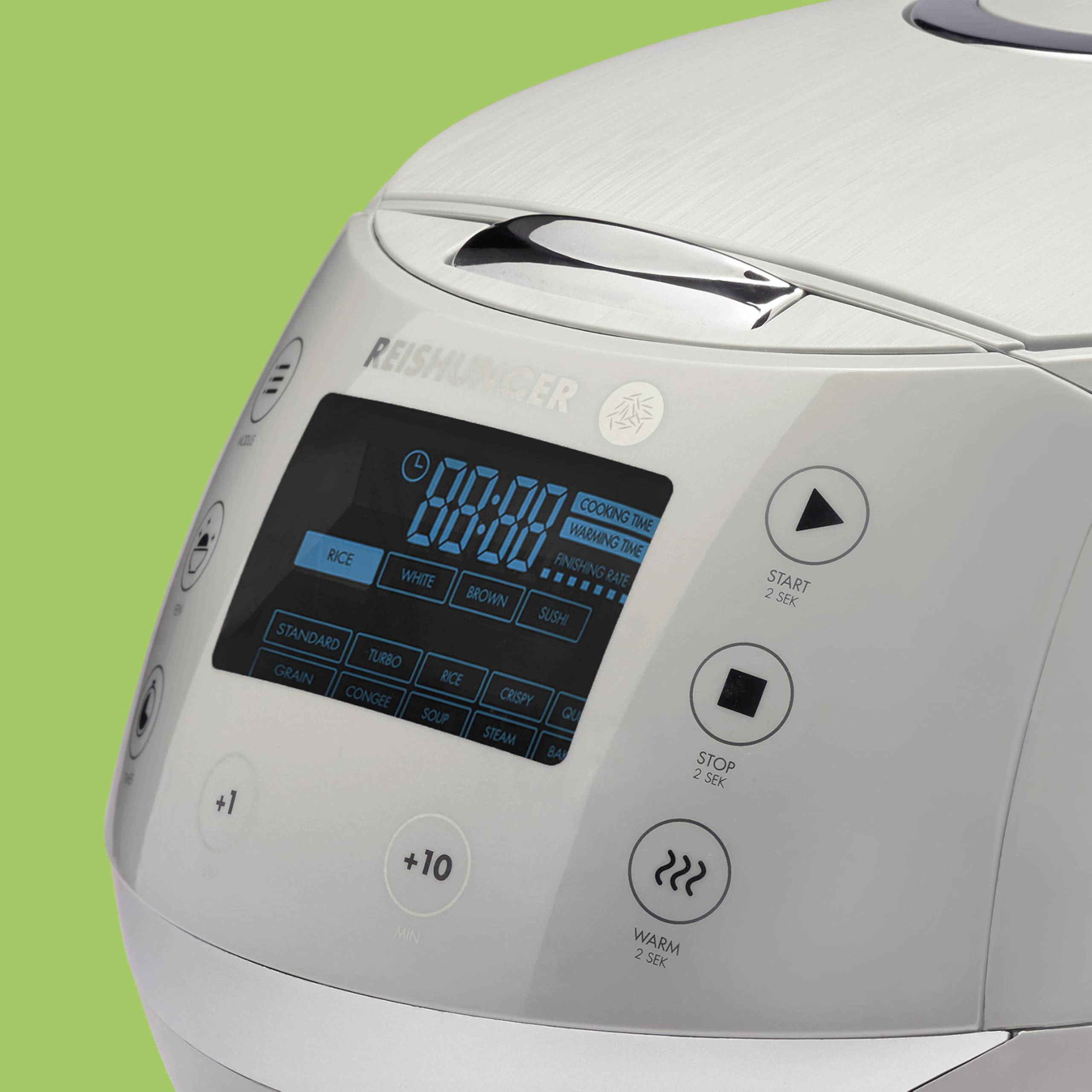 REISHUNGER Olla Arrocera Eléctrica y Vaporera – 1,5 L – Gris | hasta 8 personas – Temporizador y recipiente interior Premium – Olla multifunción, 12 programas, tecnología de 7 fases