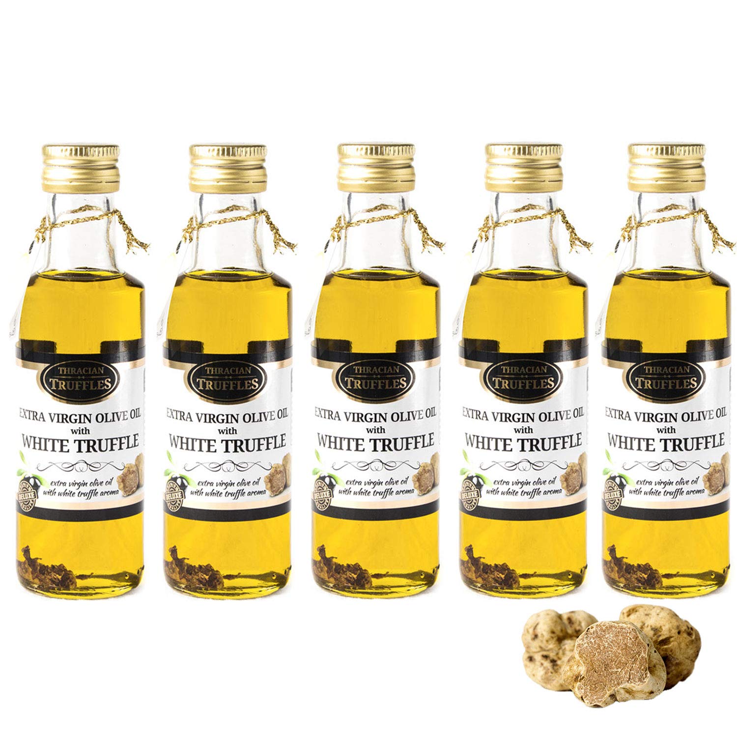 Extra Virgin Olive Oil avec Truffe Blanche White Truffle Tuber Magnatum Pico Premium Luxe Qualité pour cuisiner, servir, salades (5 x 100ml)