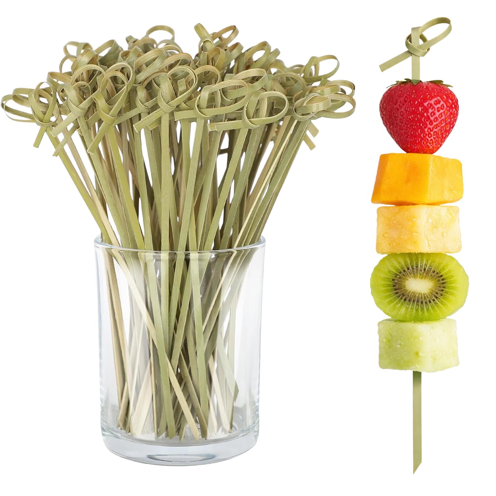 KinetiCore 100 Pcs Cocktail Picks – 12cm (4.7 Inch) Natural Bamboo Skewers for Appetizers, Mini Food Picks for Drinks & Desserts, Green Knot Decorative Toothpicks for Wedding, Party, Charcuterie Board