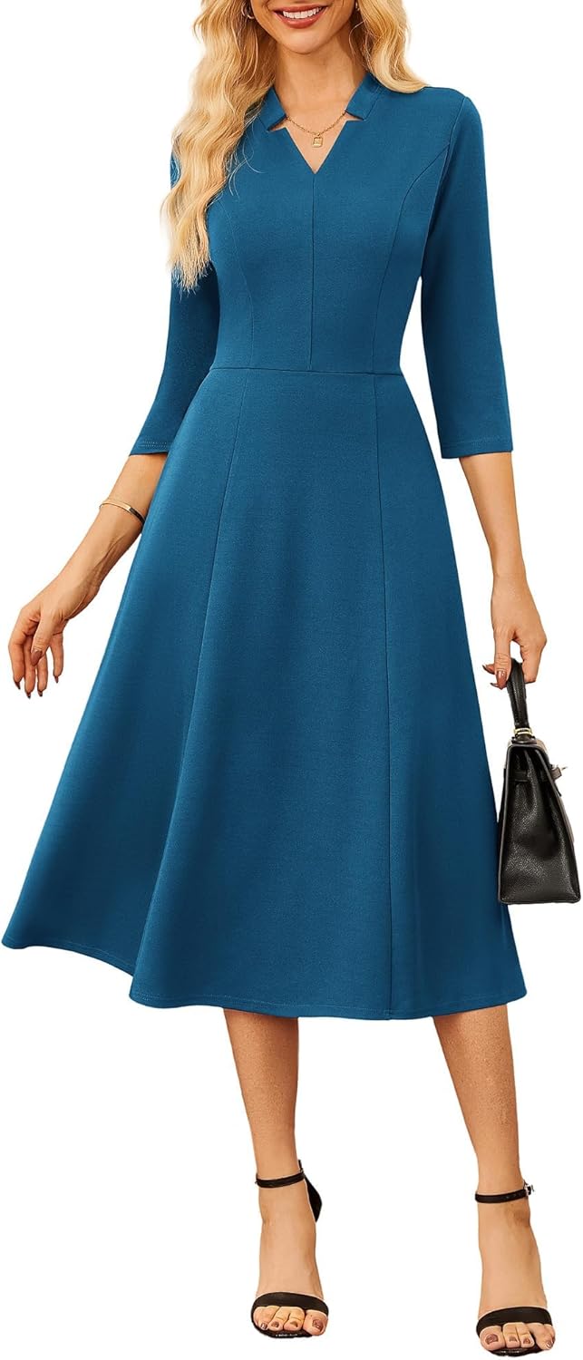 GRACE KARIN Work Dresses for Women 2025,Midi Business Dress,3/4 Sleeve Classy Fit and Flare Dress with Pocket
