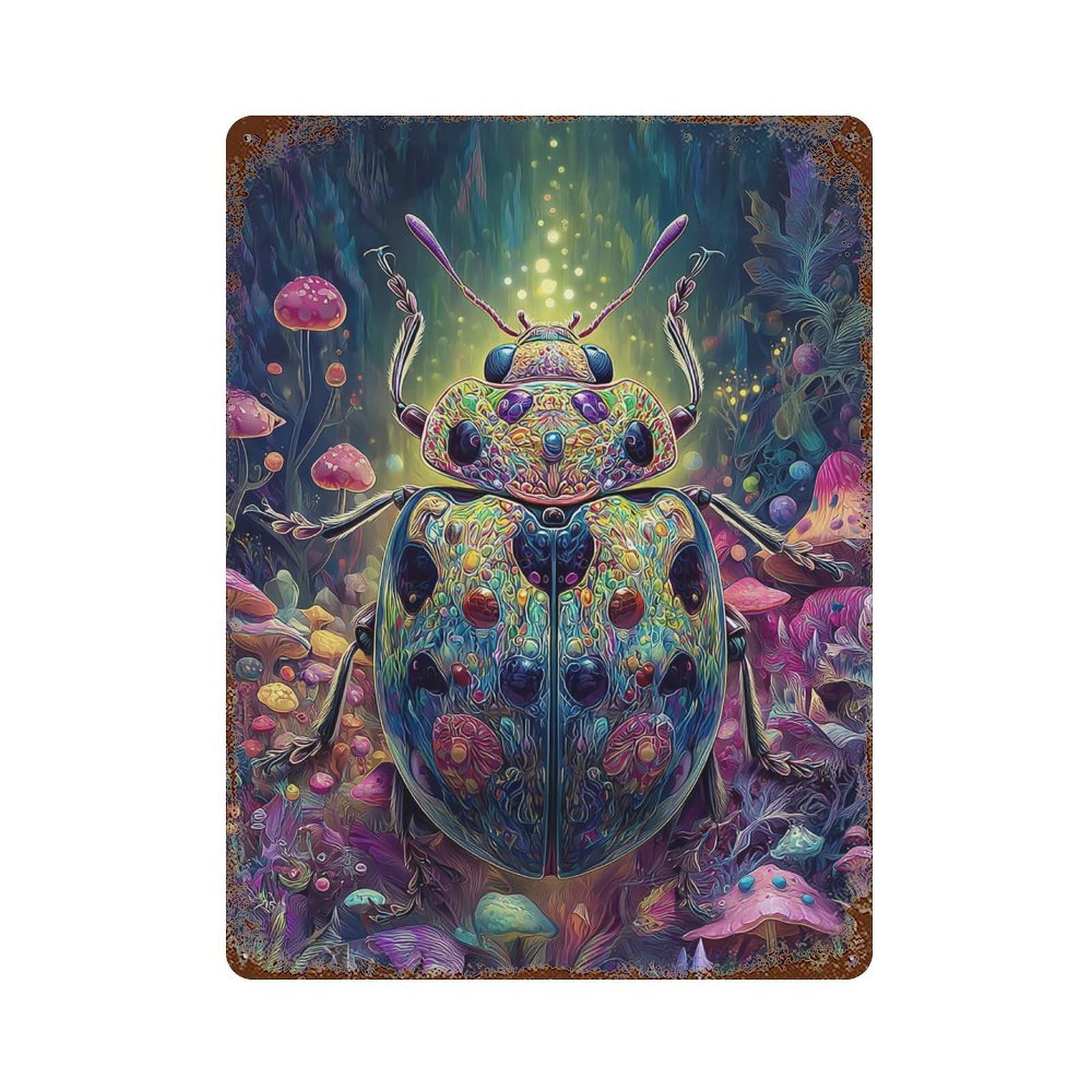 Rusty Metal Tin Sign with Psychedelic Beetle Artwork-1 Design 15.7"x11.8", for Farmhouse, Kitchen And Entryway Decor, Rustic Home Decor