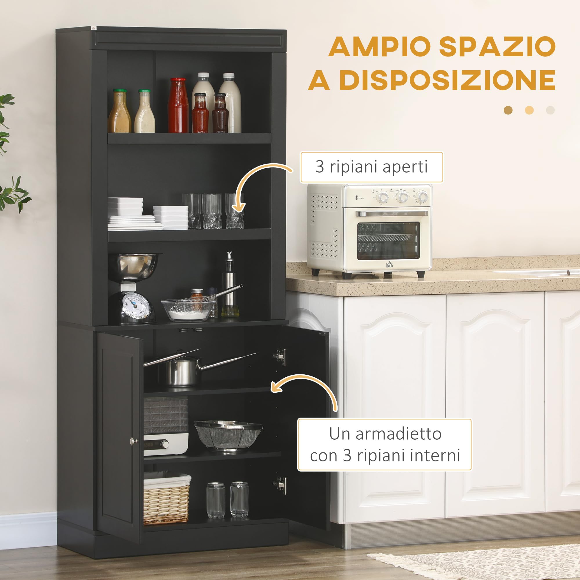 HOMCOM Credenza Cucina in Legno con Ripiani e Armadietto 2 Ante Nero | Mensole Regolabili, Salotto, Soggiorno