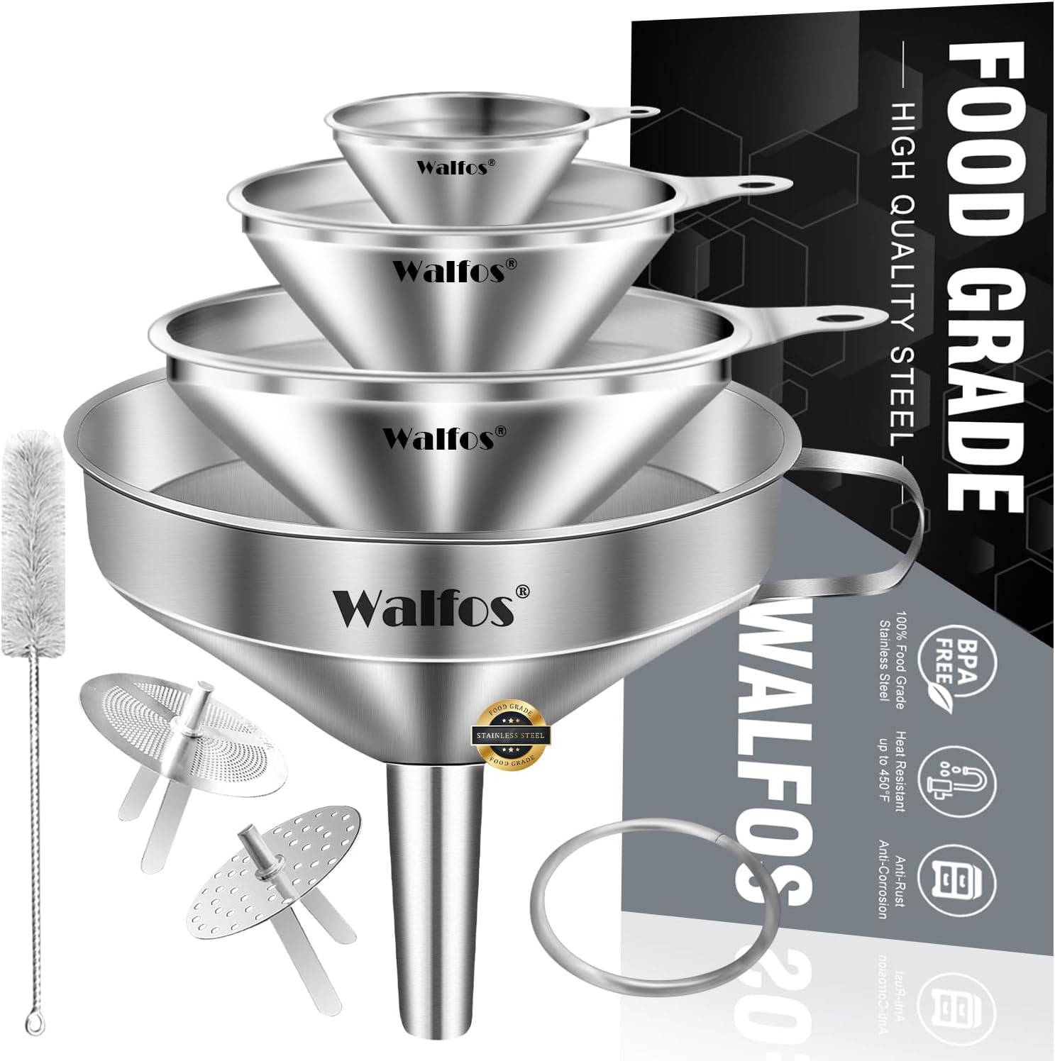 Walfos Stainless Steel Funnel Set 4 Pack (4in, 3in, 2.2in, 1.7in) with 2 Strainers & Brush - Kitchen Essential for Oils, Liquids, Powders