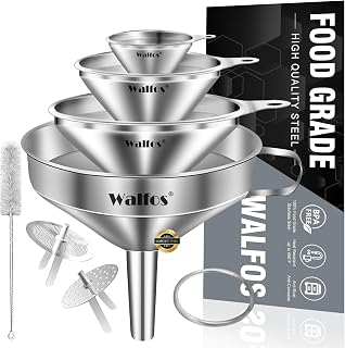 Walfos Stainless Steel Funnel Set 4 Pack (4in, 3in, 2.2in, 1.7in) with 2 Strainers & Brush - Kitchen Essential for Oils, Liquids, Powders