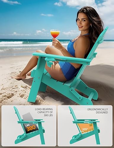 Miniatura 5 de Silla Adirondack plegable, sillas Adirondack de plástico texturizado de madera con soporte para 2 tazas, silla para hoguera de polietileno de alta