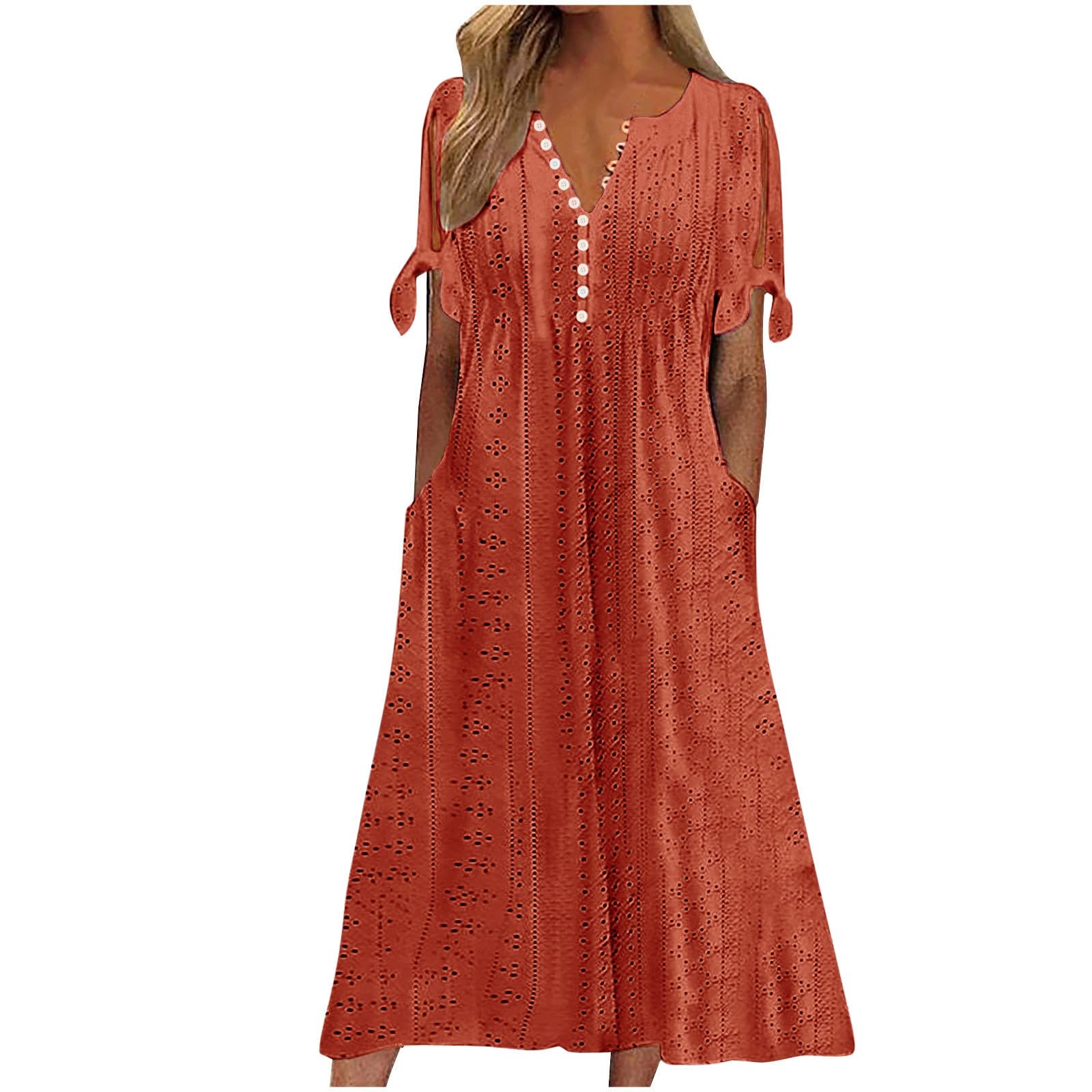 AMhomely Summer Dresses for Women UK Plus Size-Eyelet Maxi Dress,Button V Neck Long Dresses with Pocket,Solid Casual A-line Sundress,Beach Smocked Cover Ups,Holiday Vacation B Orange L